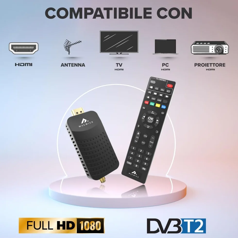 Macwick Dekoder telewizji cyfrowej DVB-T2 tylko naziemny 2025-2026 BEZ TV-SAT, 1080P H265 HEVC, HD HDMI USB połączenie funkcja PVR, niewidoczne nano, pilot na podczerwień 2 w 1, sprawdź kompatybilność