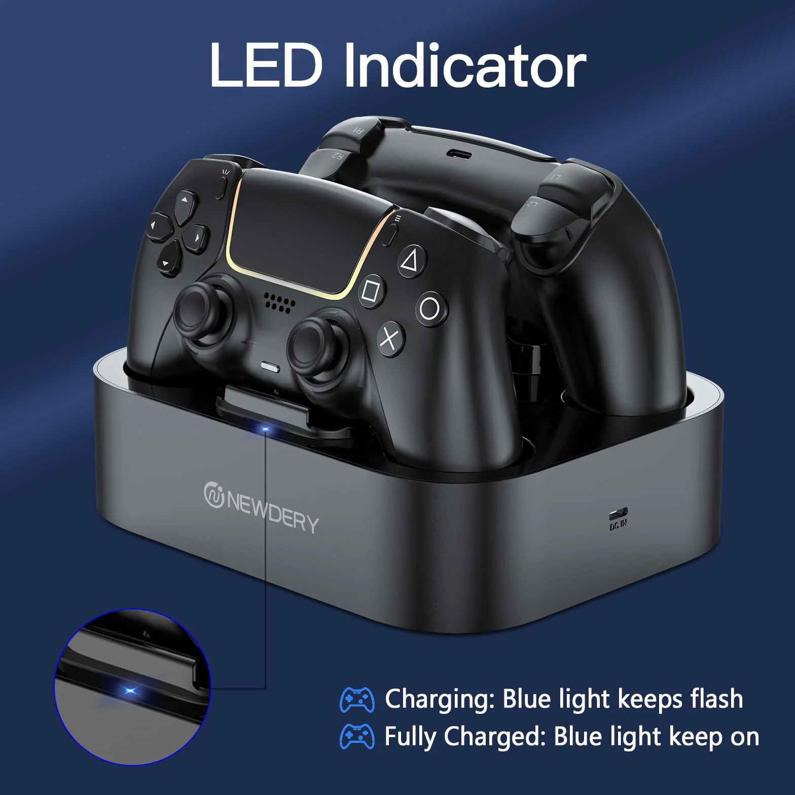 NEWDERY PS5 kontroler stacja ładująca szybka ładowarka kontrolery PlayStadion 5 Dual Sense Stand z podświetlanymi wskaźnikami LED/szybkie ładowanie/ładowarka Tri-Protection