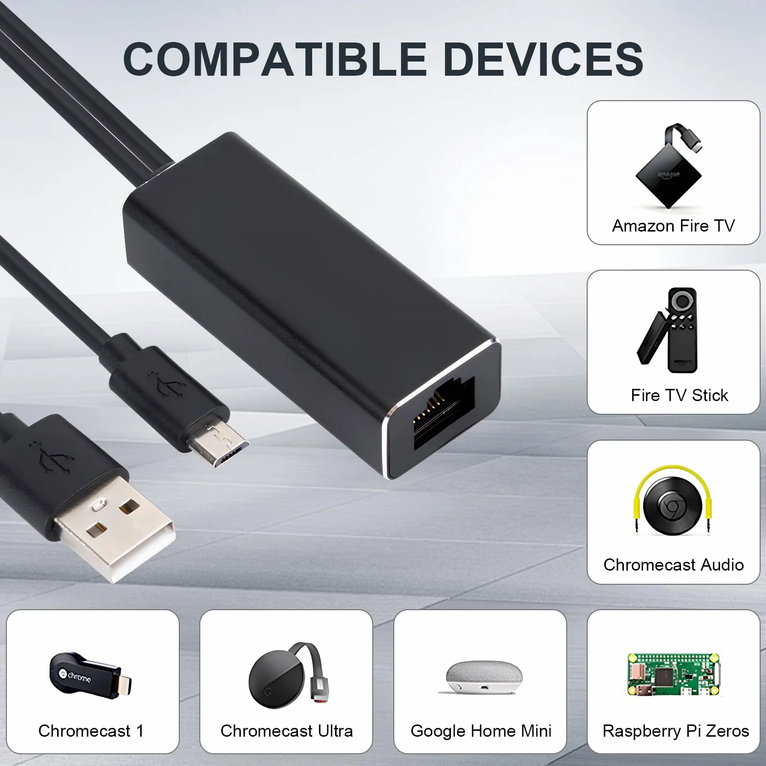 Adapter Ethernet do Fire TV Stick & Chromecast, Micro USB na RJ45 LAN adapter sieciowy, 100 Mbps Ethernet