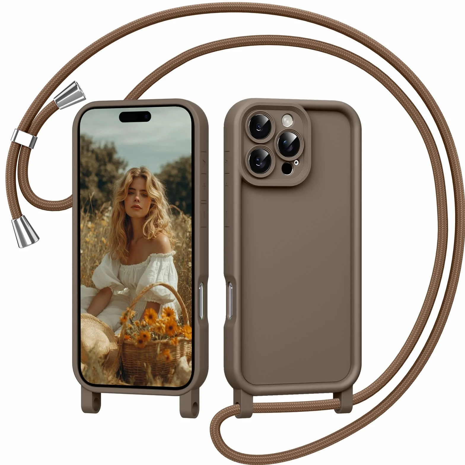 Coiwxmoi Silikonowe etui na telefon komórkowy iPhone 14 Pro 6,1", ze zdejmowanym, regulowanym sznurkiem do zawieszenia, odporne na uderzenia, ochrona aparatu, brązowe