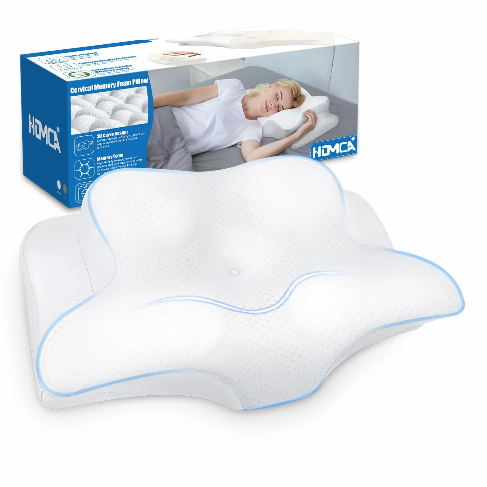 HOMCA Poduszka pod szyję Poduszka pod głowę, pianka z pamięcią kształtu Ergonomiczna poduszka pod głowę Pokrowiec chłodzący 3D na plecy, bok lub na brzuch, 62 x 41 x 11/13 cm Biały