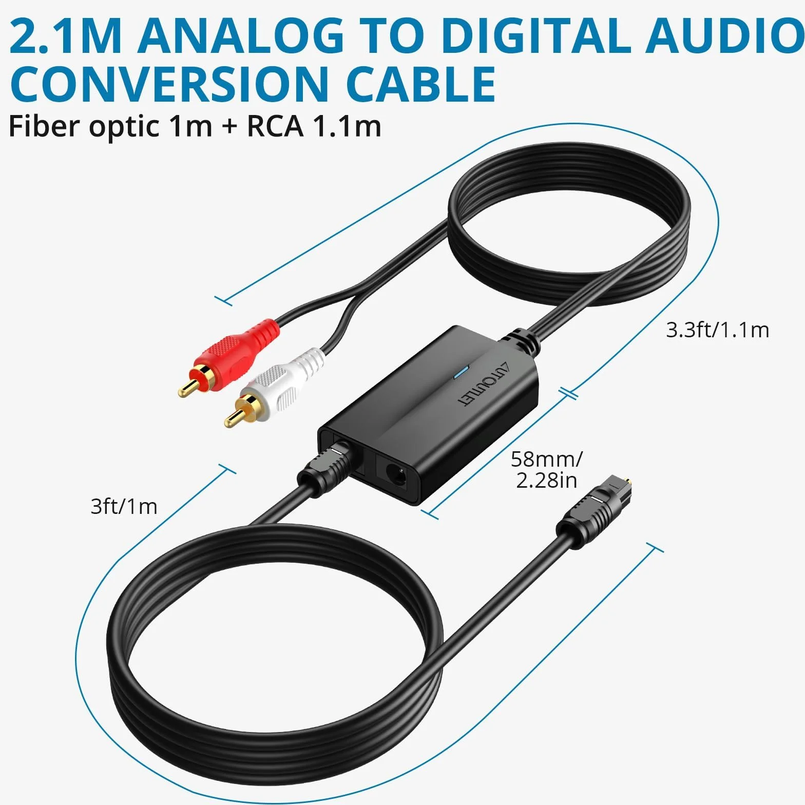 AUTOUTLET Konwerter AD, analogowy do cyfrowego konwertera audio, analogowy, cyfrowy konwerter RCA na SPDIF Toslink, adapter z kablem 1,1 m RCA męski + 1 m kablem optycznym do gramofonu