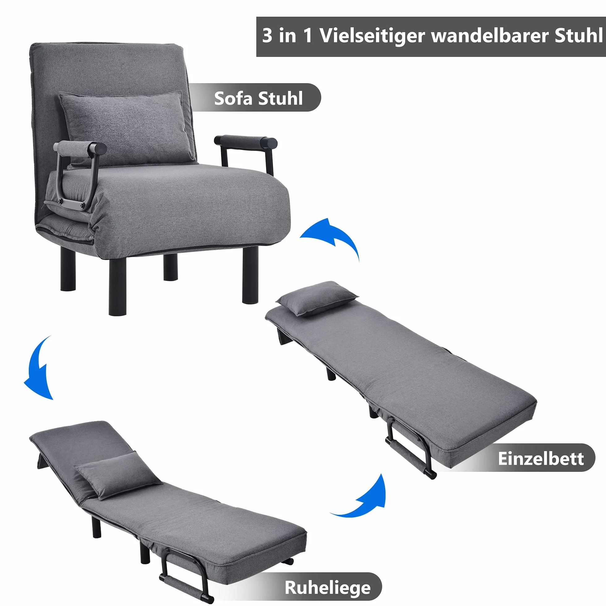 okwish 1-osobowy fotel rozkładany, składany fotel z 6-pozycyjnym regulowanym oparciem, wyściełane siedzisko z materacem i poduszką, lniany szary, 66 x 56 x 83 cm