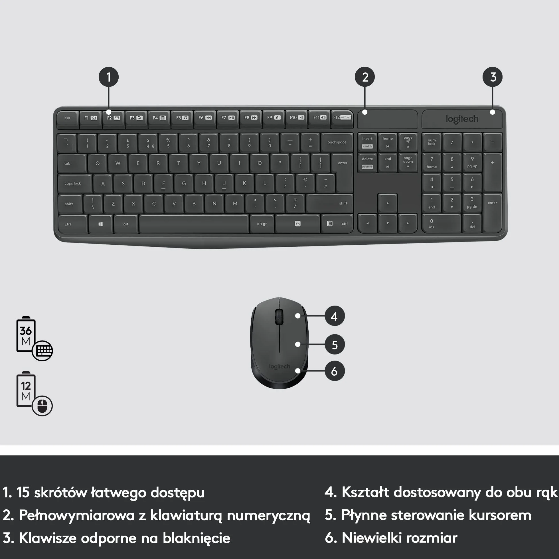 Logitech MK235 Combo Bezprzewodowy Zestaw Klawiatura i Mysz dla systemu Windows, łączność 2,4 GHz, odbiornik USB, 24 miesiące pracy na baterii, PC, laptopem, QWERTY układ US Intl - Szary