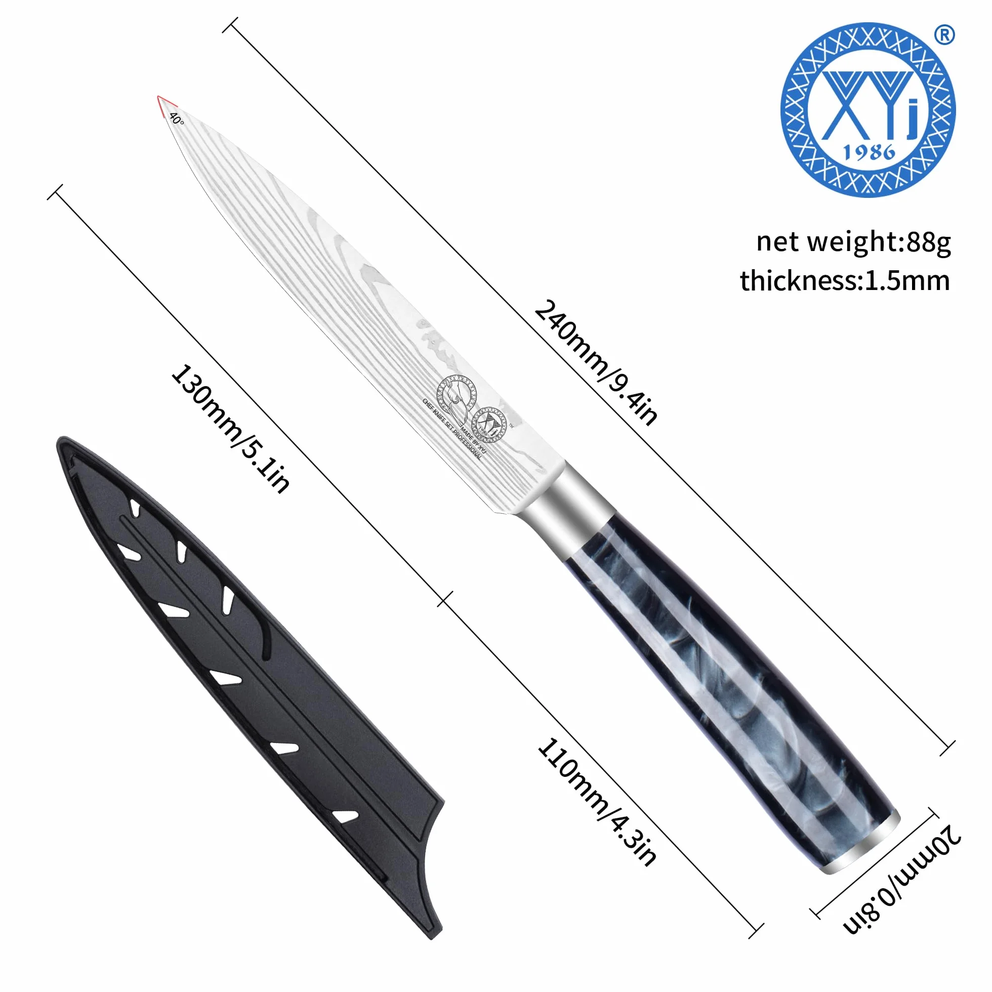 XYJ Kitchen Utility Knife,5 Inch Stainless Steel Steak Knife,Laser Damascus Pattern,Japanese Chef Knife Kitchen Cutlery,Meat Knife With Cover,Resin Handle
