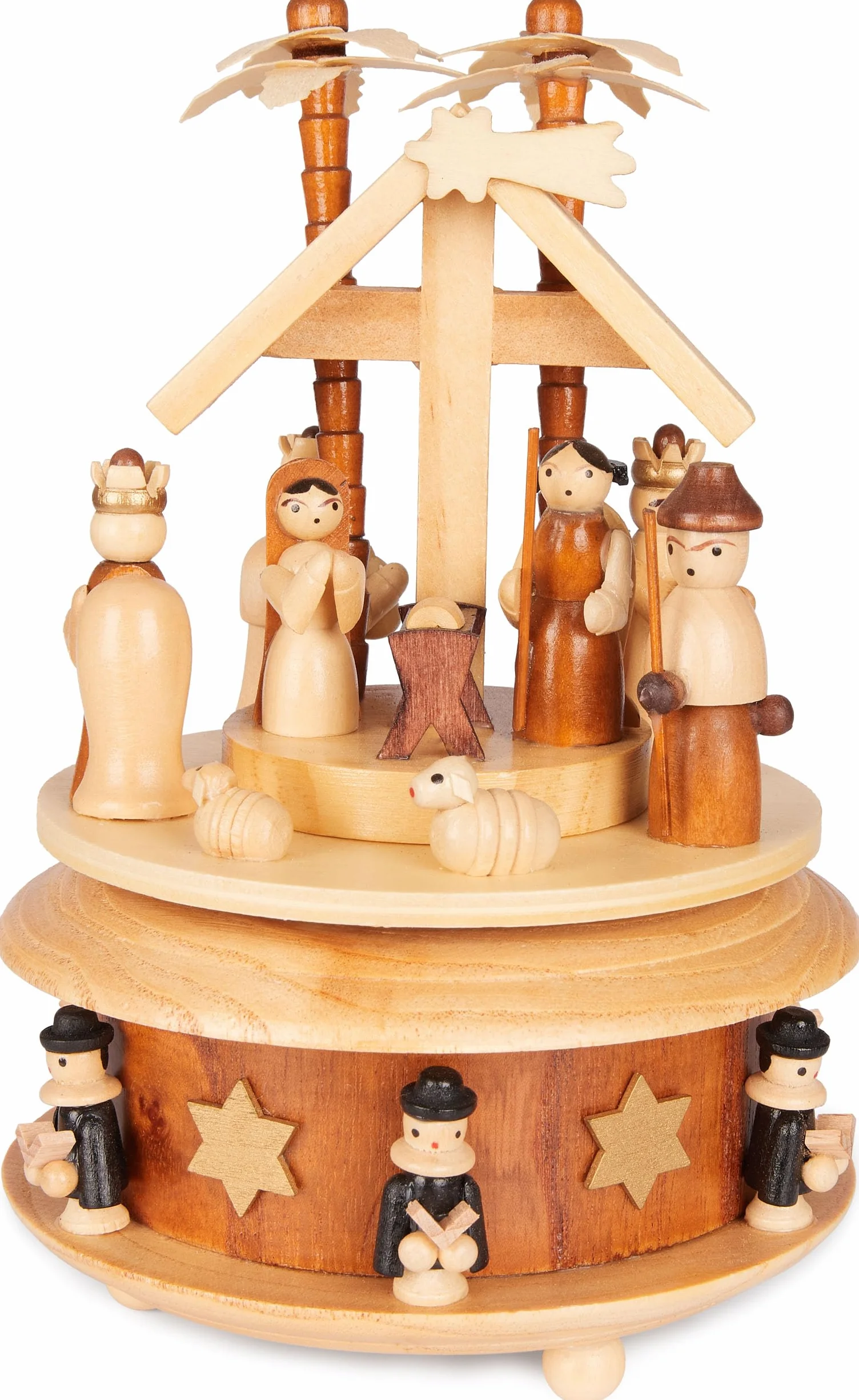 BRUBAKER Pozytywka z Drewna - Łóżeczko z Jezusem, Maryją i Józefem - Melodia: Cicha Noc - Pozytywka 19 cm Boże Narodzenie - Karuzela z Gwiazdą Betlejemską i Kolędnikami - Brązowy Naturalny