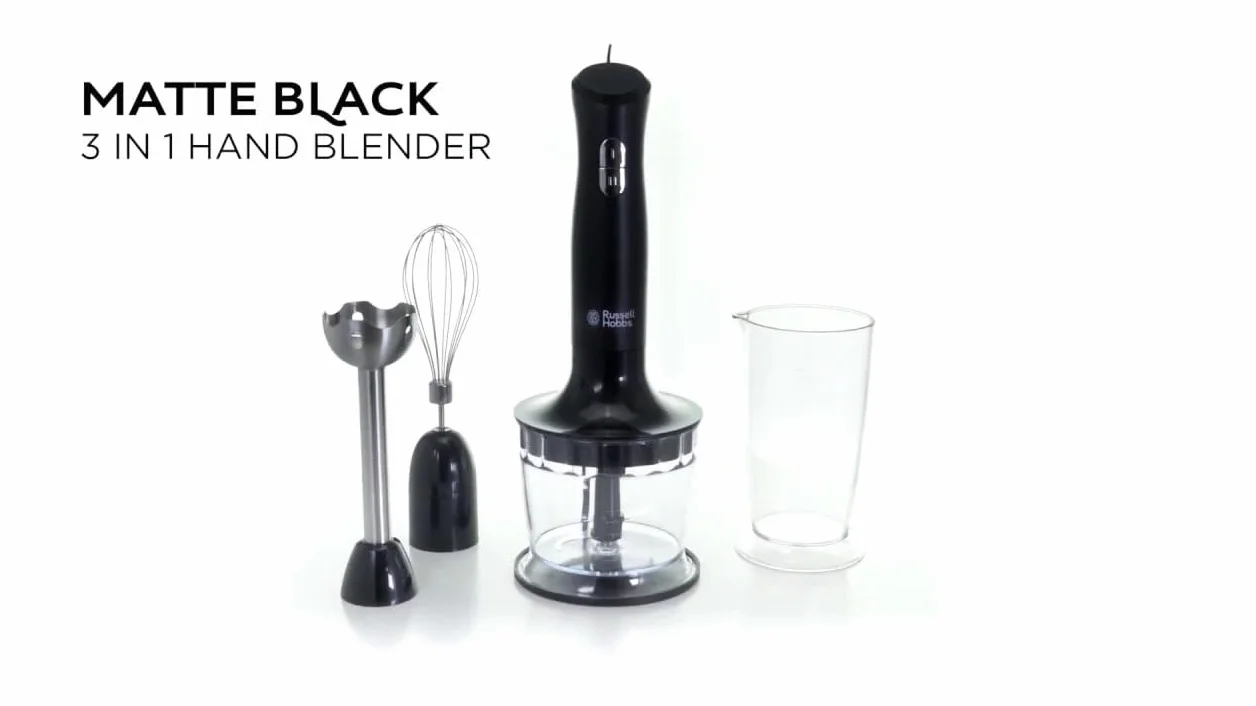 Russell Hobbs blender ręczny, 3w1, nasadka miksująca, pojemnik z ostrzem miksującym, pojemność pojemników 0,5l i 0,7l, ubijanie, mieszanie, moc 500W, czarny, Matte Black 24702-56