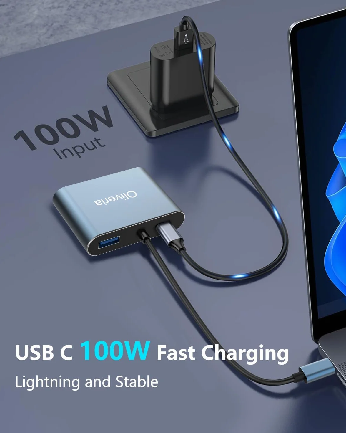Oliveria 4K 30 Hz 4-w-1 USB C Multiport Adapter - HDMI VGA Thunderbolt 3, PD 100 W złącze ładowania, USB 3.0 do MacBook/MacBook Pro/Air, Chromebook, Dell, HDTV, Galaxy