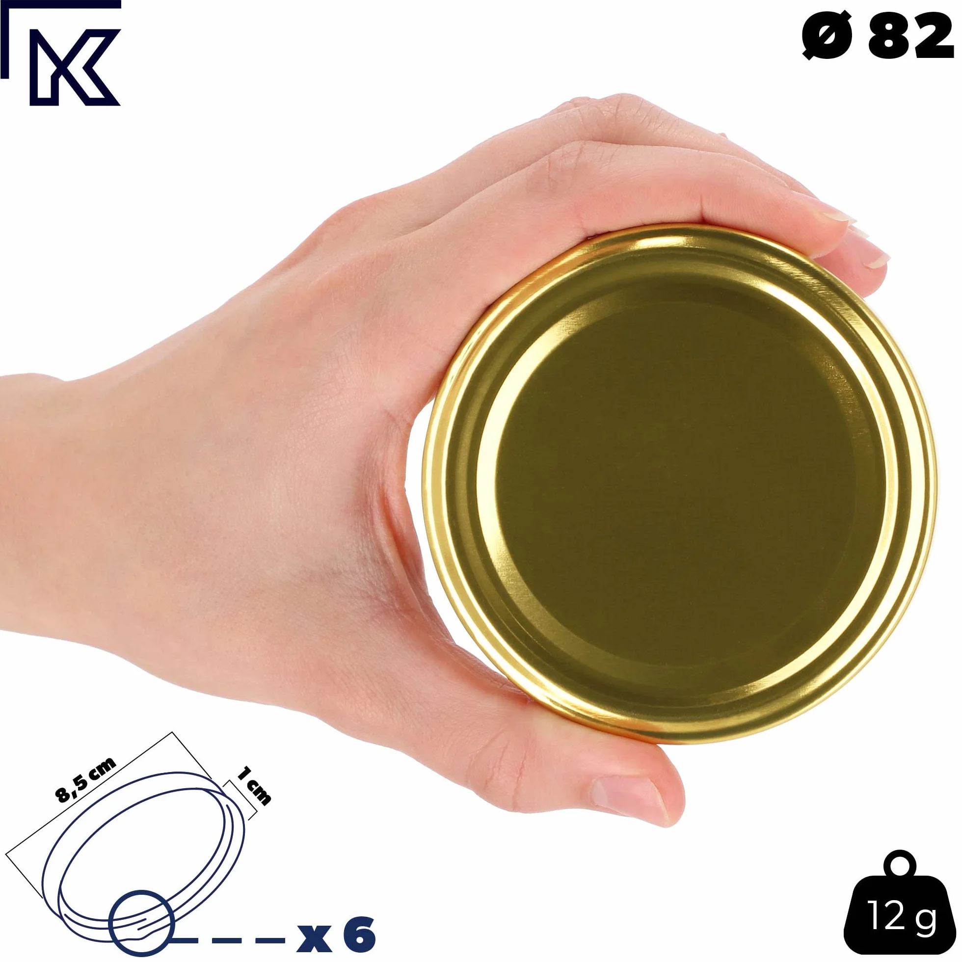 KADAX Zestaw 50 szt. metalowych wieczek Twist - Off 82 mm, złote, 6 - zaczepowe, do słoików na przetwory, szczelne zamknięcie