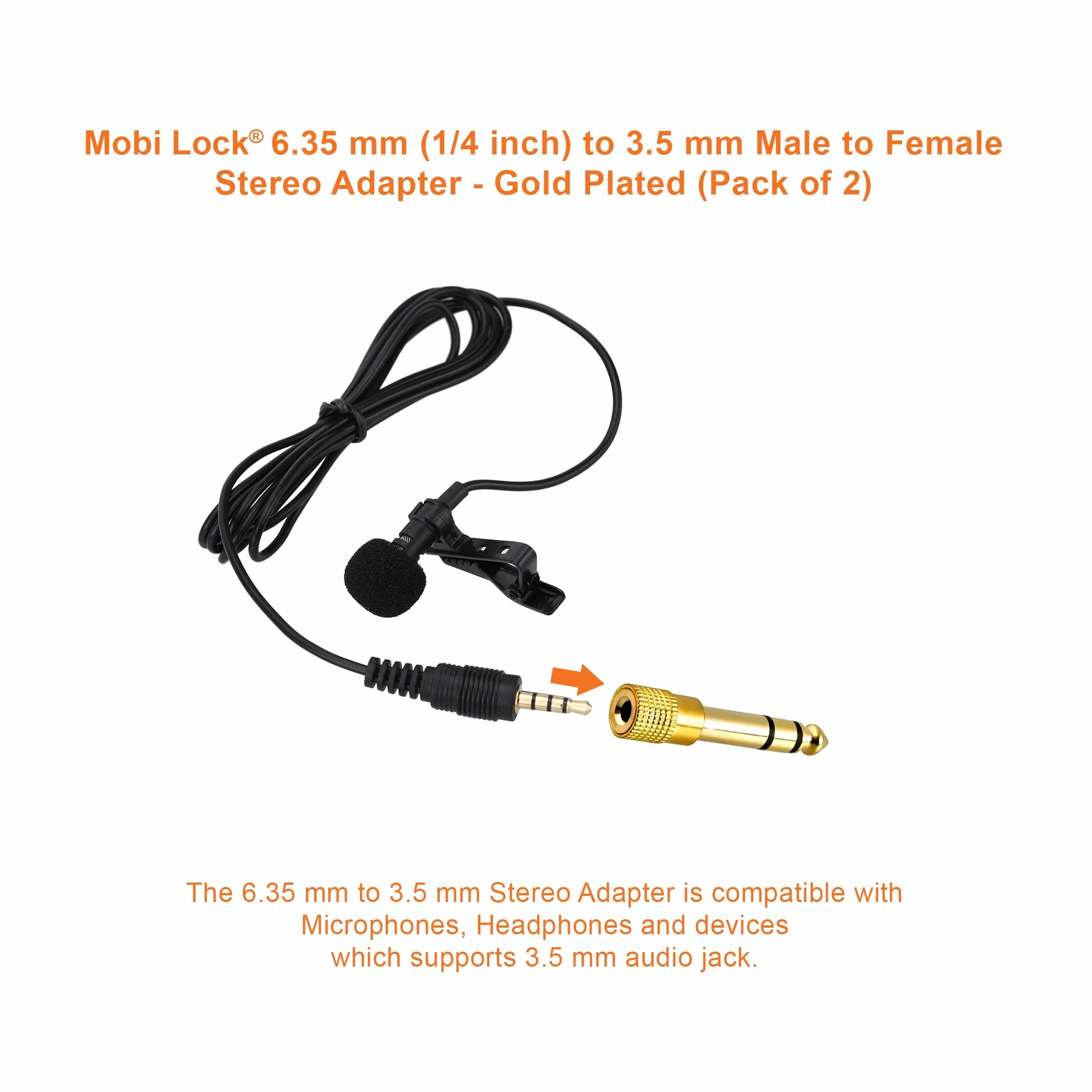 2 Sztuki Wtyk 6,35 mm do Gniazda 3,5 mm - Adapter Jack Audio Stereo 1/4 do 1/8 Cala - Łączy Urządzenia z Portem 6,35 mm z Urządzeniami Audio 3,5 mm - od Mobi Lock