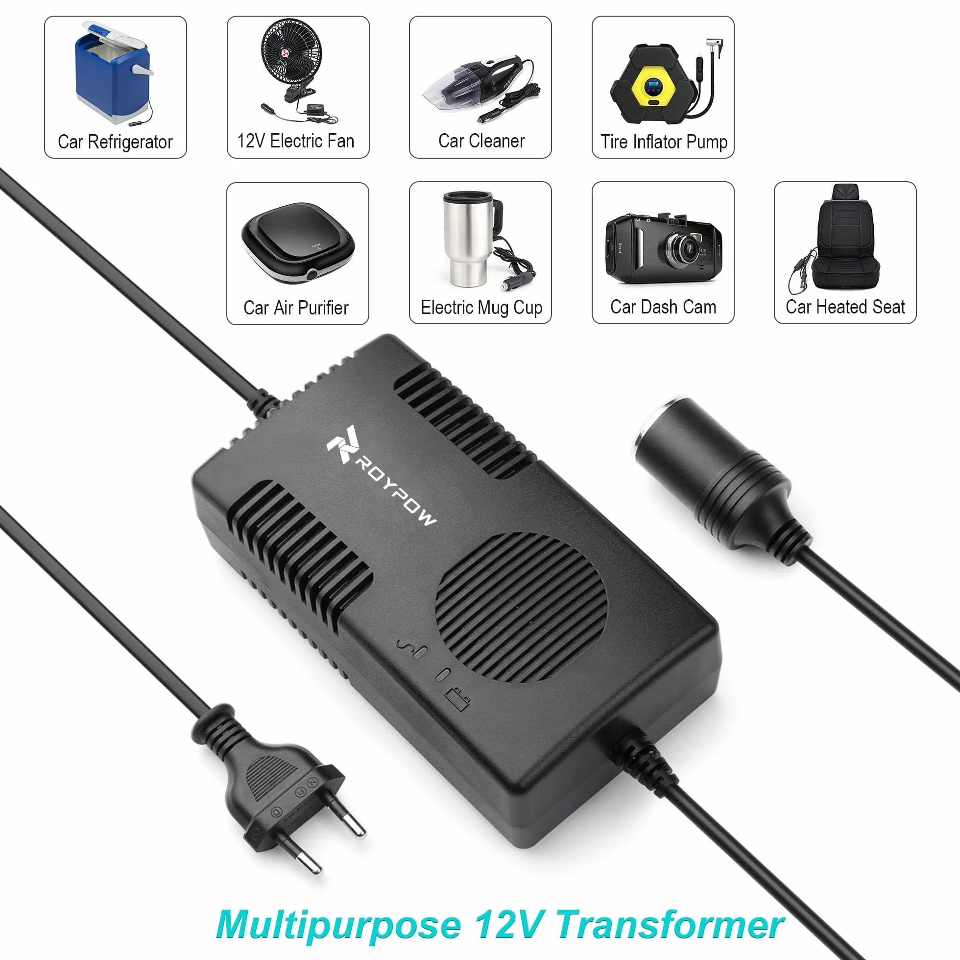 RoyPow 120 W (maks. 150 W) Zasilacz zasilania AC na DC 220 V/230 V/240 V do 12 V do gniazda zapalniczki samochodowej 12 V/10 A DC zasilacz transformatora konwertera