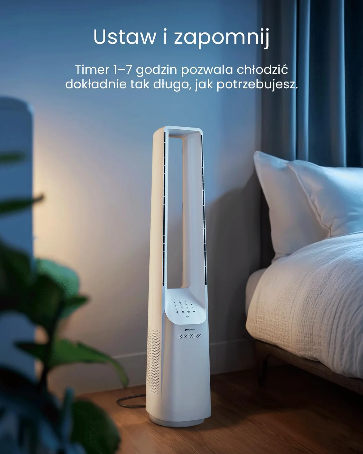 Pro Breeze OmniAir 105 cm bezłopatkowy wentylator kolumnowy z oczyszczaczem powietrza – super cichy, Wi-Fi, pilot, HEPA, LED, 10 prędkości, 5 trybów, oscylacja 60° – biały