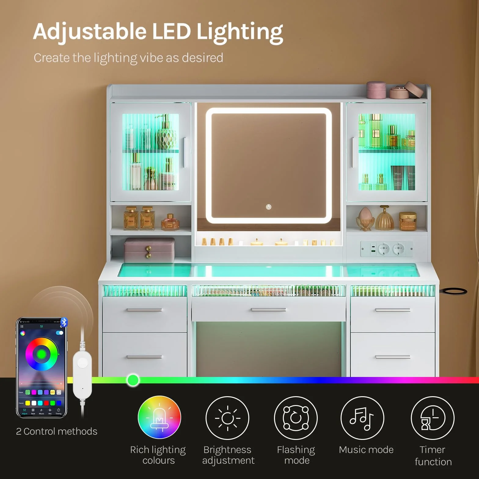 WOLTU Toaletka z lustrem i oświetleniem RGB, stacja ładowania, toaletka z 9 szufladami i 2 drzwiami, przezroczysty blat ze szkła hartowanego, toaletka do sypialni, biała