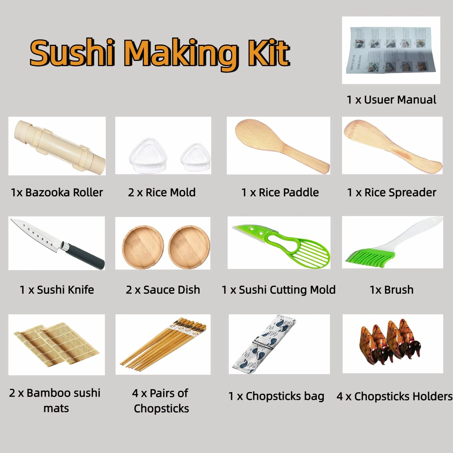 Zestaw do robienia sushi, kompletny 22-częściowy profesjonalny zestaw do robienia sushi z wałkiem do sushi, formą Onigiri, bambusowymi matami do sushi, wiosłem do ryżu, nożem do sushi, naczyniami do