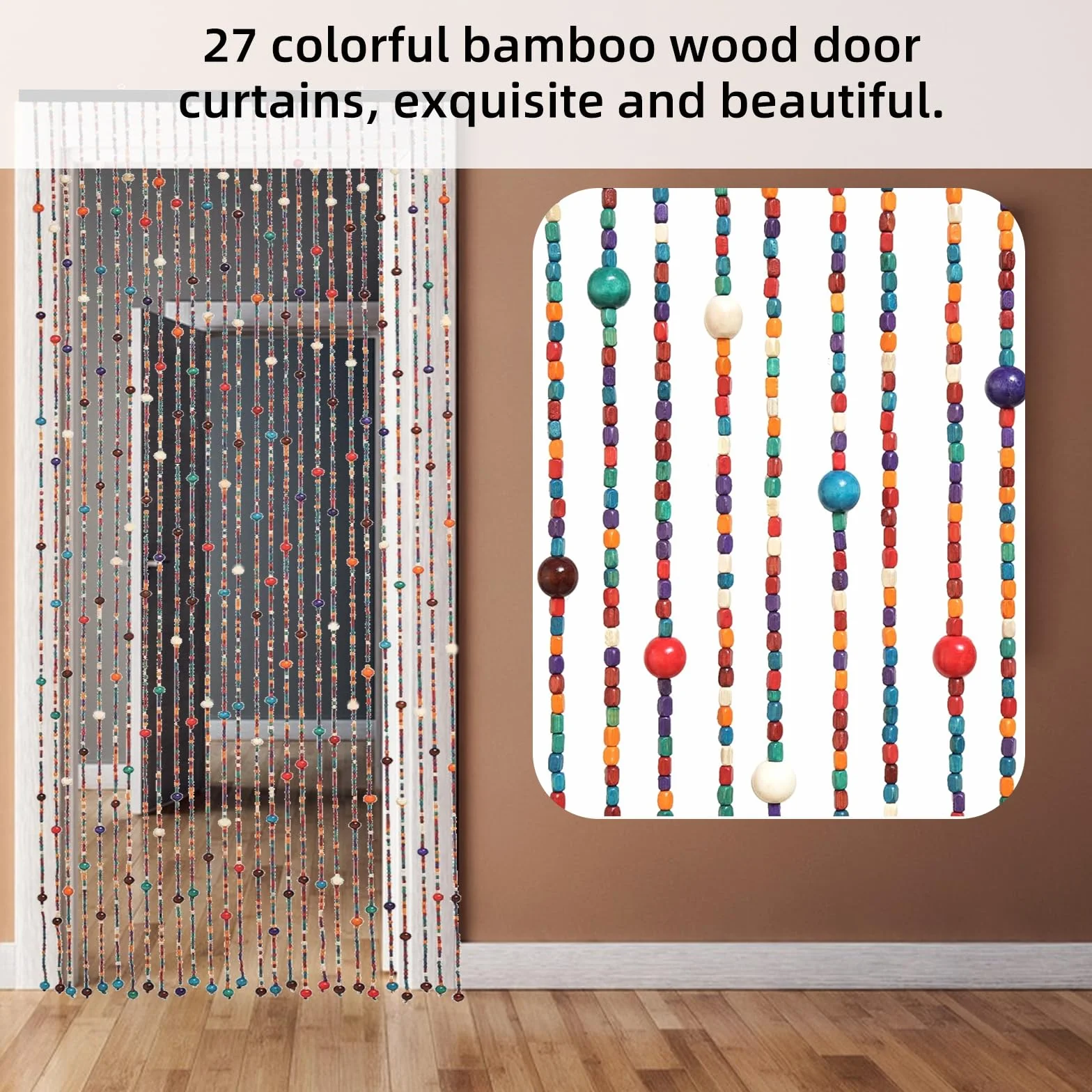 Zasłona z koralikami bambusowa 90x200 cm 27 pasm beżowa na drzwi boho