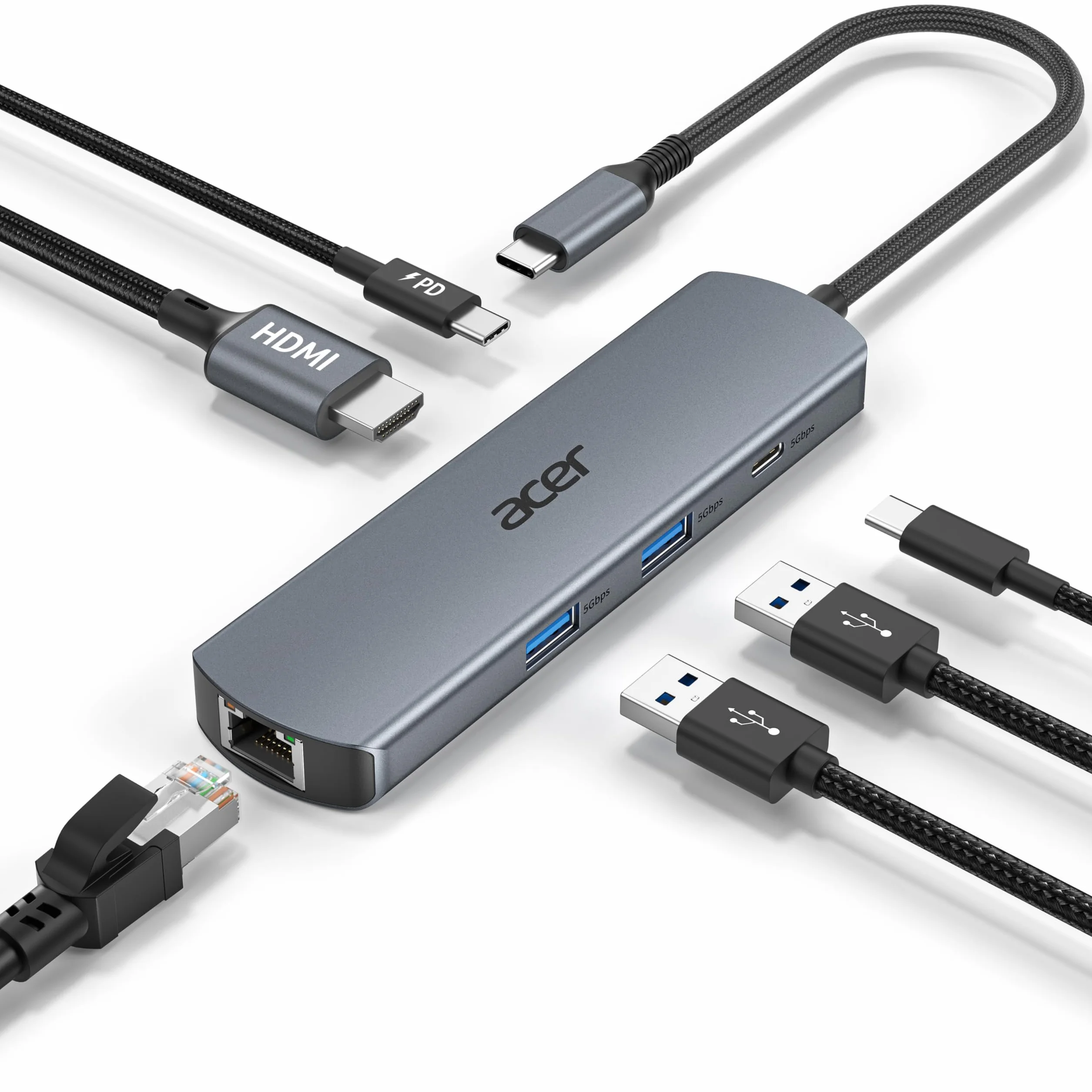 Acer Koncentrator USB C z Ethernetem 1000 Mbps, HDMI 4K@60Hz, 1×USB-C 5Gbps, 2×USB-A 3.0, Type-C 100W PD, Stacja Dokująca do iPhone 17/16, MacBook iPad Pro/Air, Mac mini M4, Surface, Galaxy S25 itp.