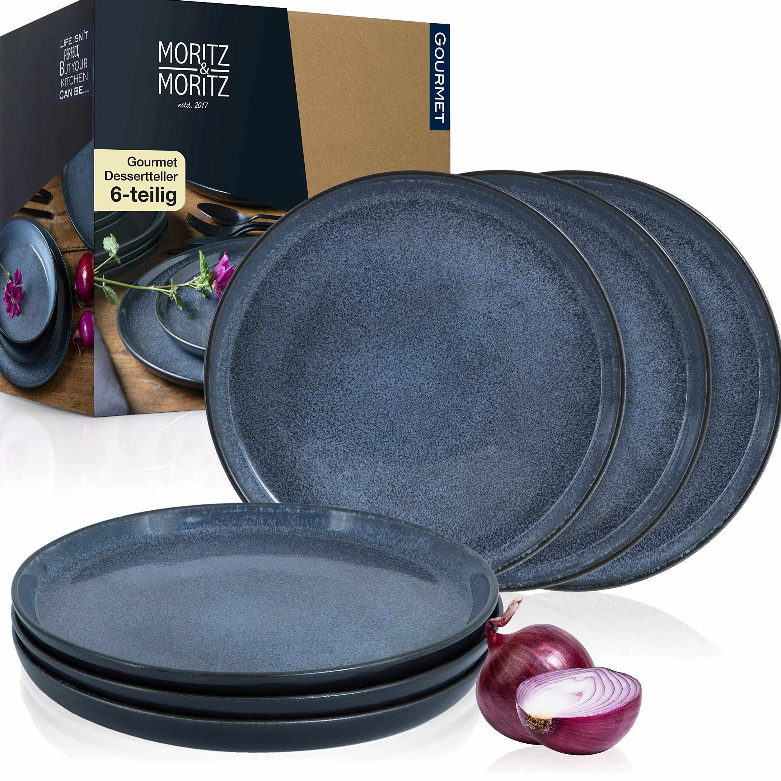 Moritz & Moritz 6-częściowy zestaw talerzy deserowych w kolorze niebieskim - talerze na ciasto dla 6 osób, porcelana nadaje się do mycia w zmywarce i używania w kuchence mikrofalowej