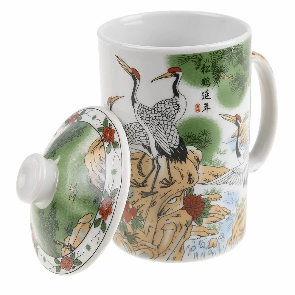 Porcelanowy kubek do zaparzania z zaparzaczem i pokrywką chiński krajobraz ptaki długowieczności tradycyjna zastawa stołowa