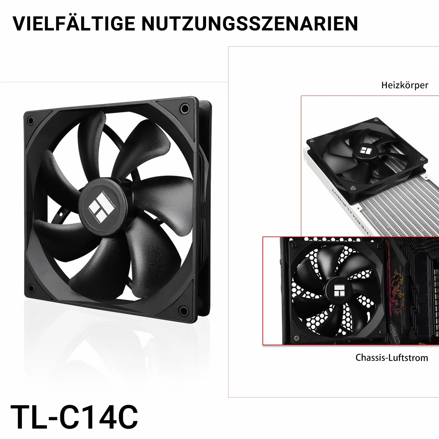 TR-Thermalright TL-C14C wentylator CPU PWM, 140 mm, cichy wentylator 1500 RPM, czarny wentylator CPU, duża objętość powietrza 75,8 CFM, może być sparowany z obudową / chłodnicą procesora