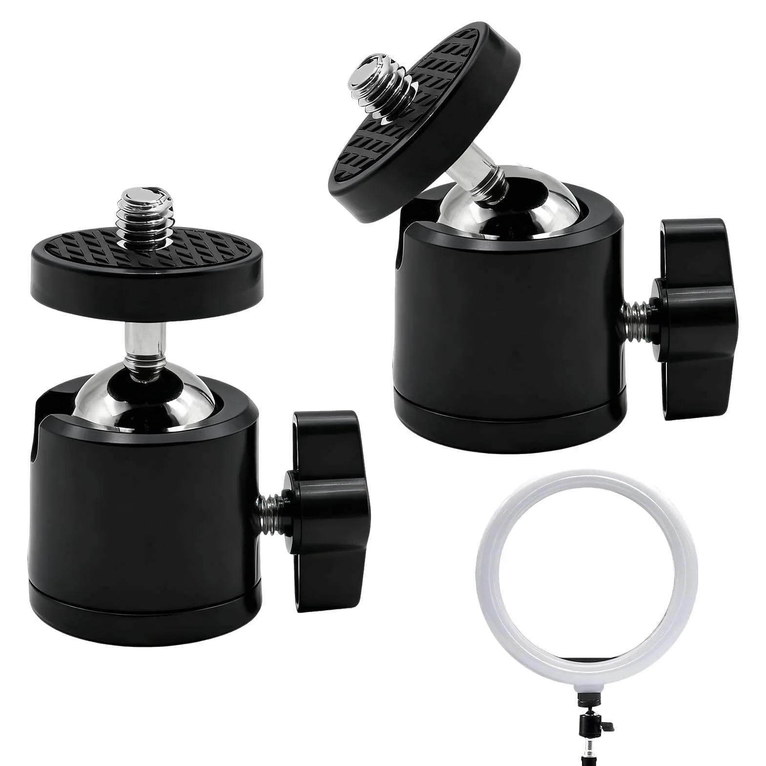 2 szt. Mini głowica obrotowa o 360°, głowica statywu 20 mm z 1/4 śrubami i zdejmowanym adapterem do statywów z mikrofonem monopodowym