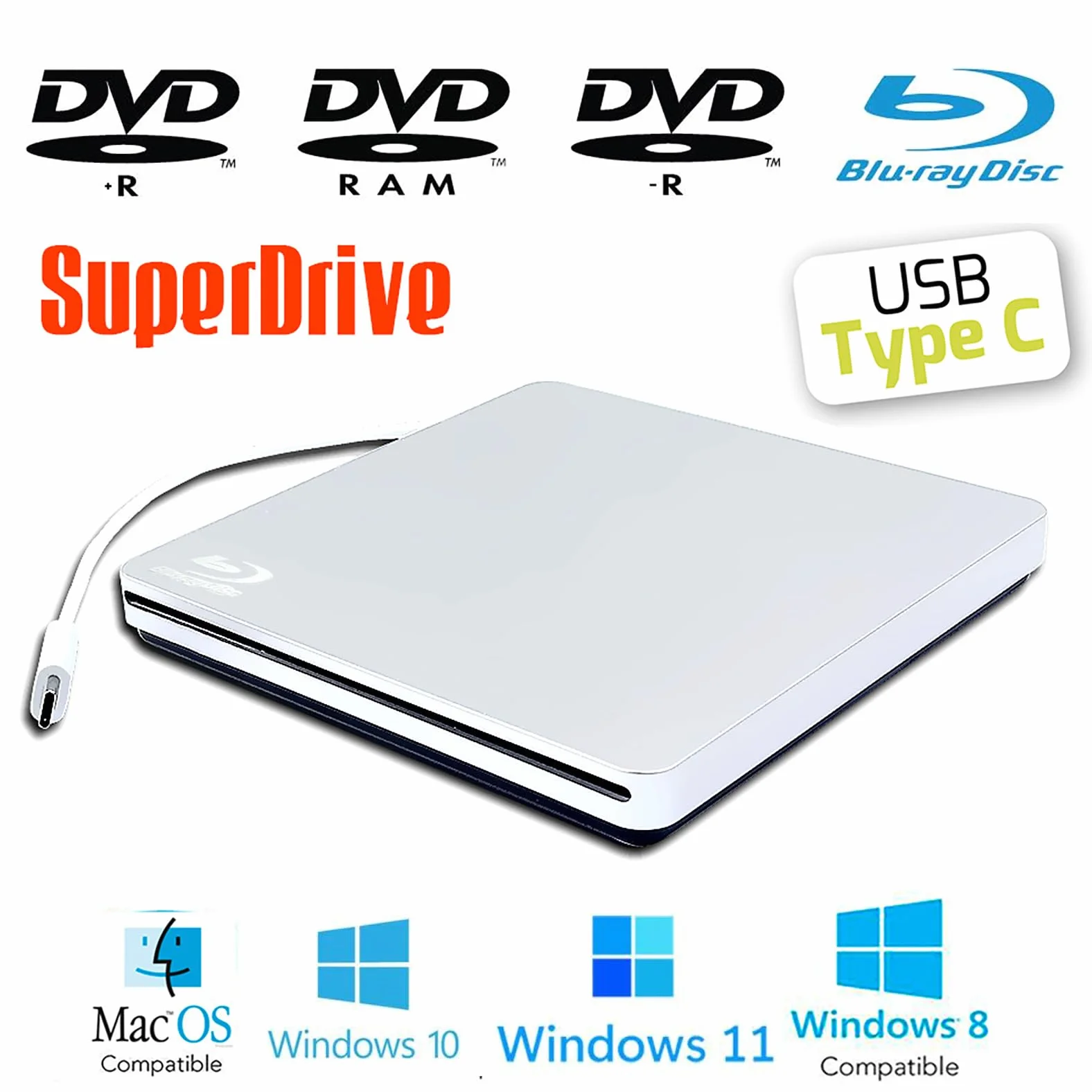 Zewnętrzny napęd USB-C USB Superdrive do Mac, odtwarzacza Blu-ray CD DVD BD, do Apple MacBook Air M1 M2 M3 15 13 2020 2018 2017 2022 2019 2024 laptop, 6X BD-RE DL 8X DVD+-RW Writer napęd optyczny