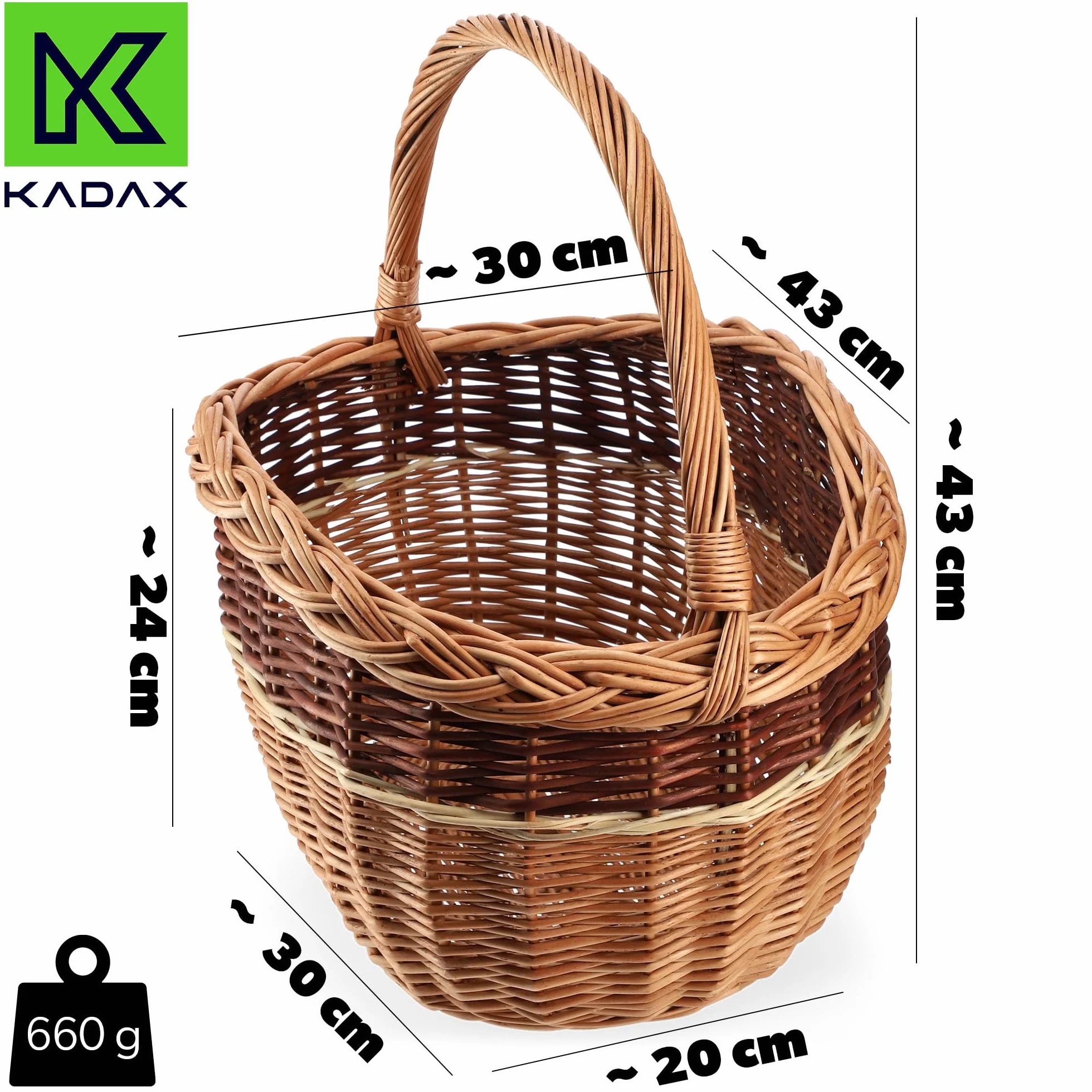 KADAX Kosz wiklinowy owalny 30x43cm, solidny uchwyt i gęsty splot, stabilny podczas noszenia, do zakupów, pikniku i grzybobrania, mieści butelki i zbiory z ogrodu