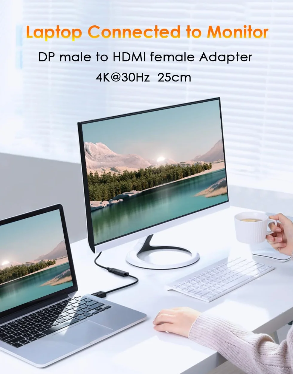 Adapter DisplayPort na HDMI 4K, jednokierunkowy PC DP 1.2 męski na ekran HDMI 1.4 żeński konwerter, kompatybilny z komputerem PC, telewizorem, monitorem, projektorem, laptopem i innymi, czarny, 25 cm