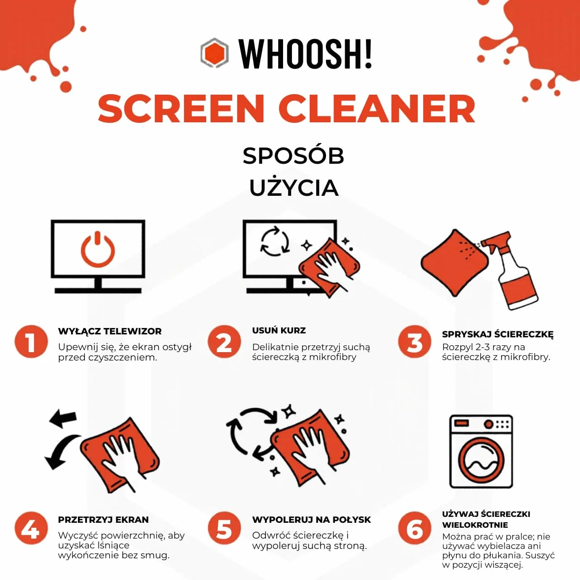 WHOOSH! Zestaw do czyszczenia ekranu wielokrotnego użytku - najlepszy do smartfonów, iPadów, okularów, Kindle, ekranu dotykowego i telewizorów - 1 butelkę 500 ml + (35 x 35 cm) szer.! Materiał