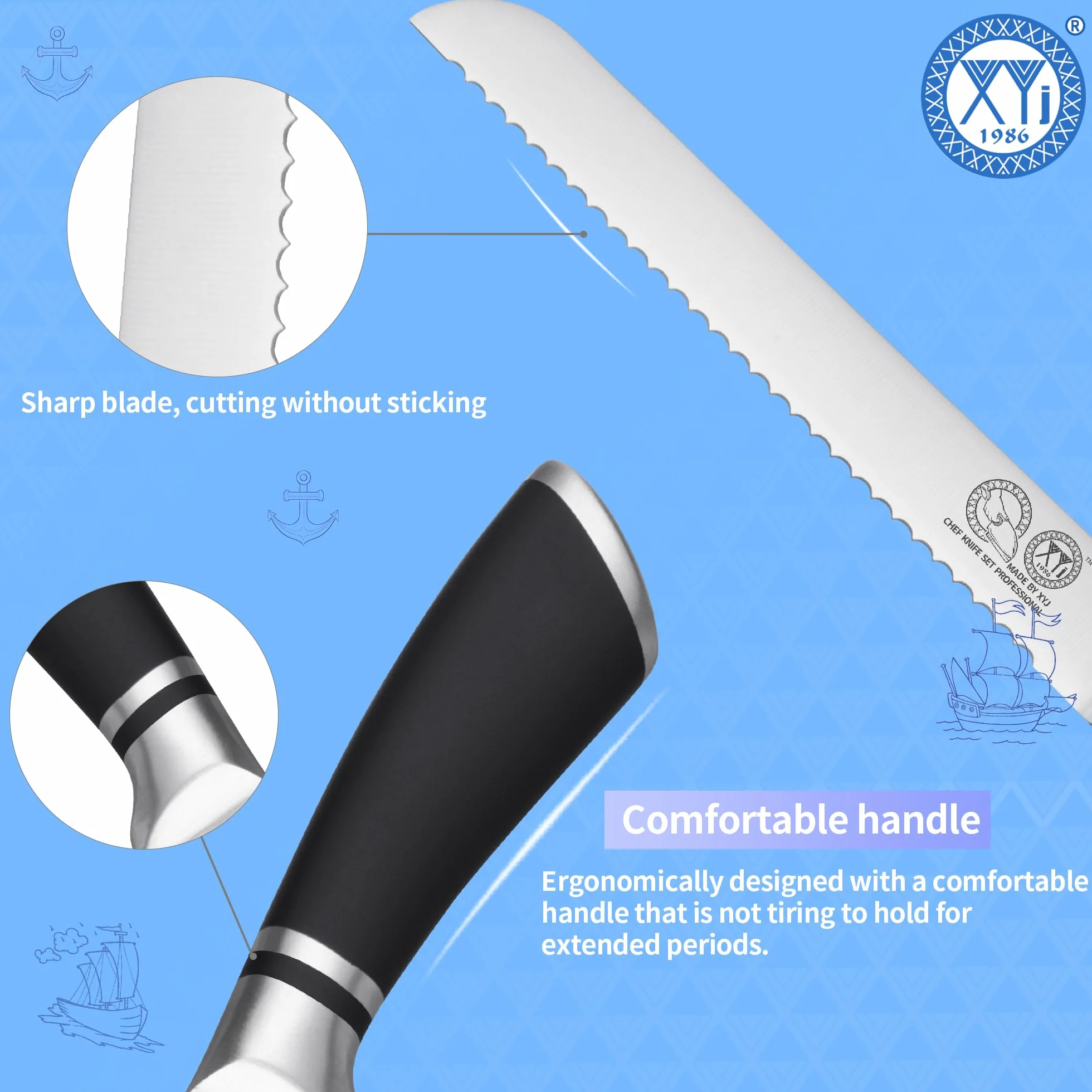 XYJ Authentic Since 1986, Serrated 8 Inch Stainless Steel Ultra Sharp Bread Knife, Ergonomic Handle, Kitchen Knife with Sheath
