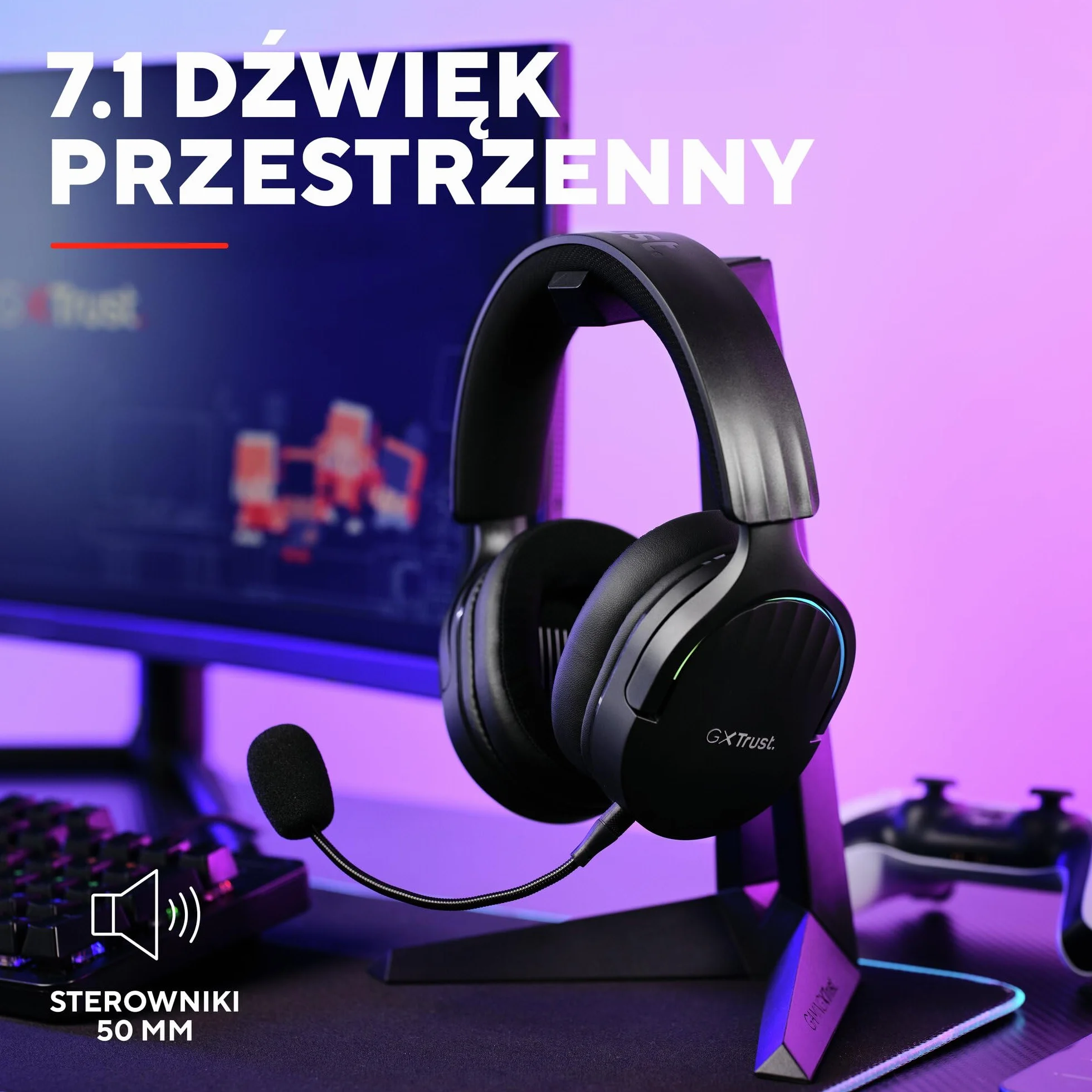 GXTrust 491 Fayzo zestaw słuchawkowy gamingowy Bluetooth 2,4 GHz dźwięk przestrzenny 7.1 czas pracy baterii 22 h bezprzewodowy headset RGB wokółuszny czarny