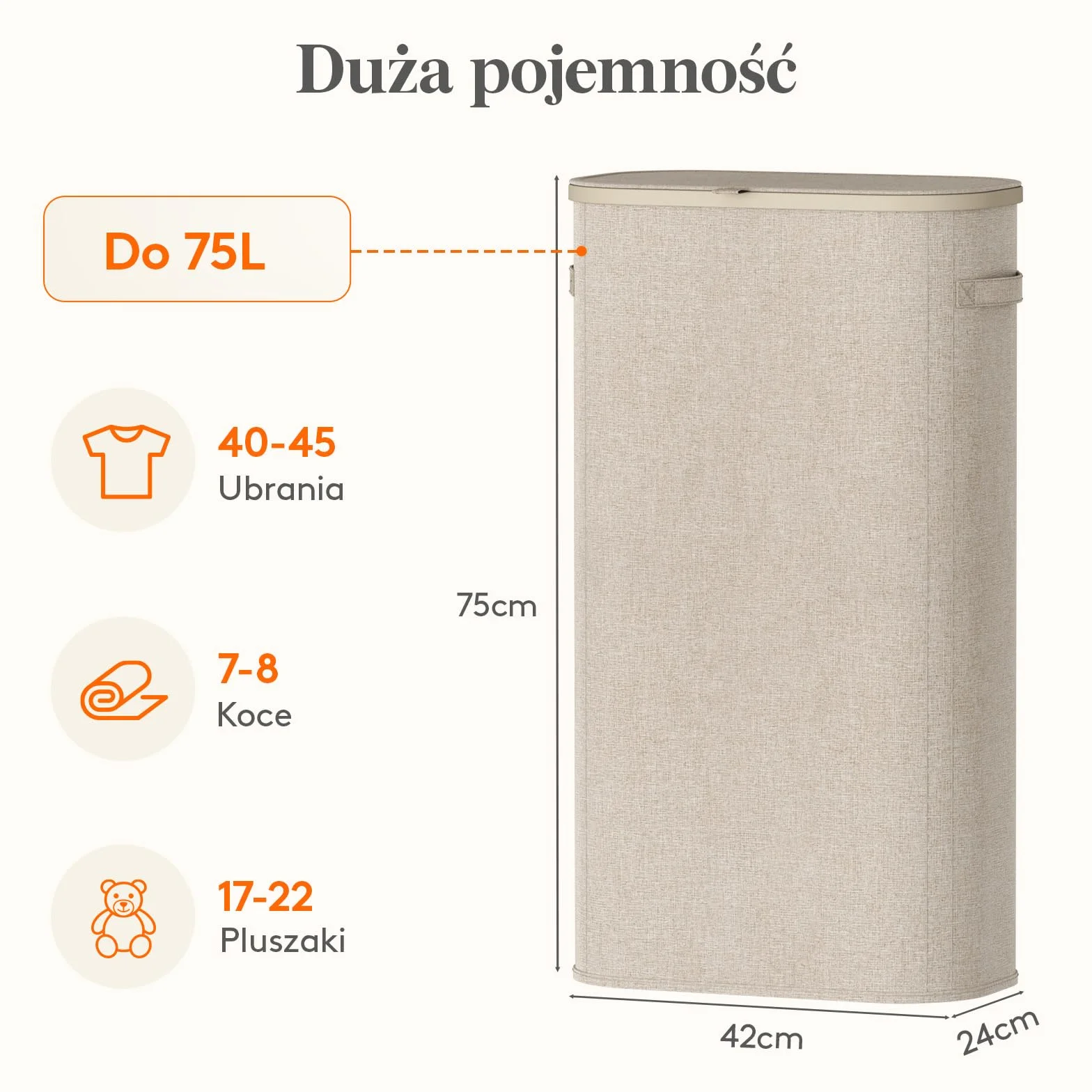 Lifewit Kosz na Pranie z Pokrywą, Wąski Kosze na Pranie z Plastikowymi Uchwytami i Wyjmowaną Torbą, Składany Wysoki Kosz do Pralni, Sypialni, Łazienki i Akademika, 75 L, Beżowy