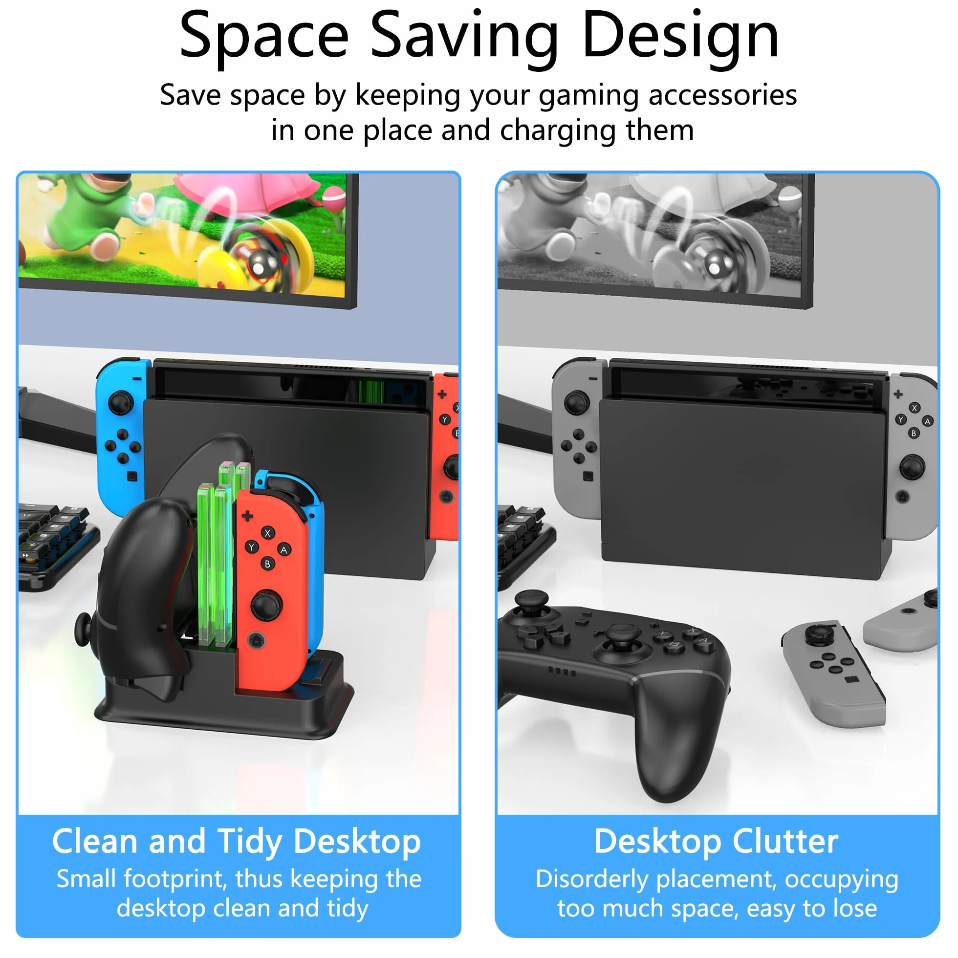 RREAKA Charging Dock for Nintendo Switch Joy Con Charger with LED Light Bar, Switch OLED Joycon Charging Stand - Black