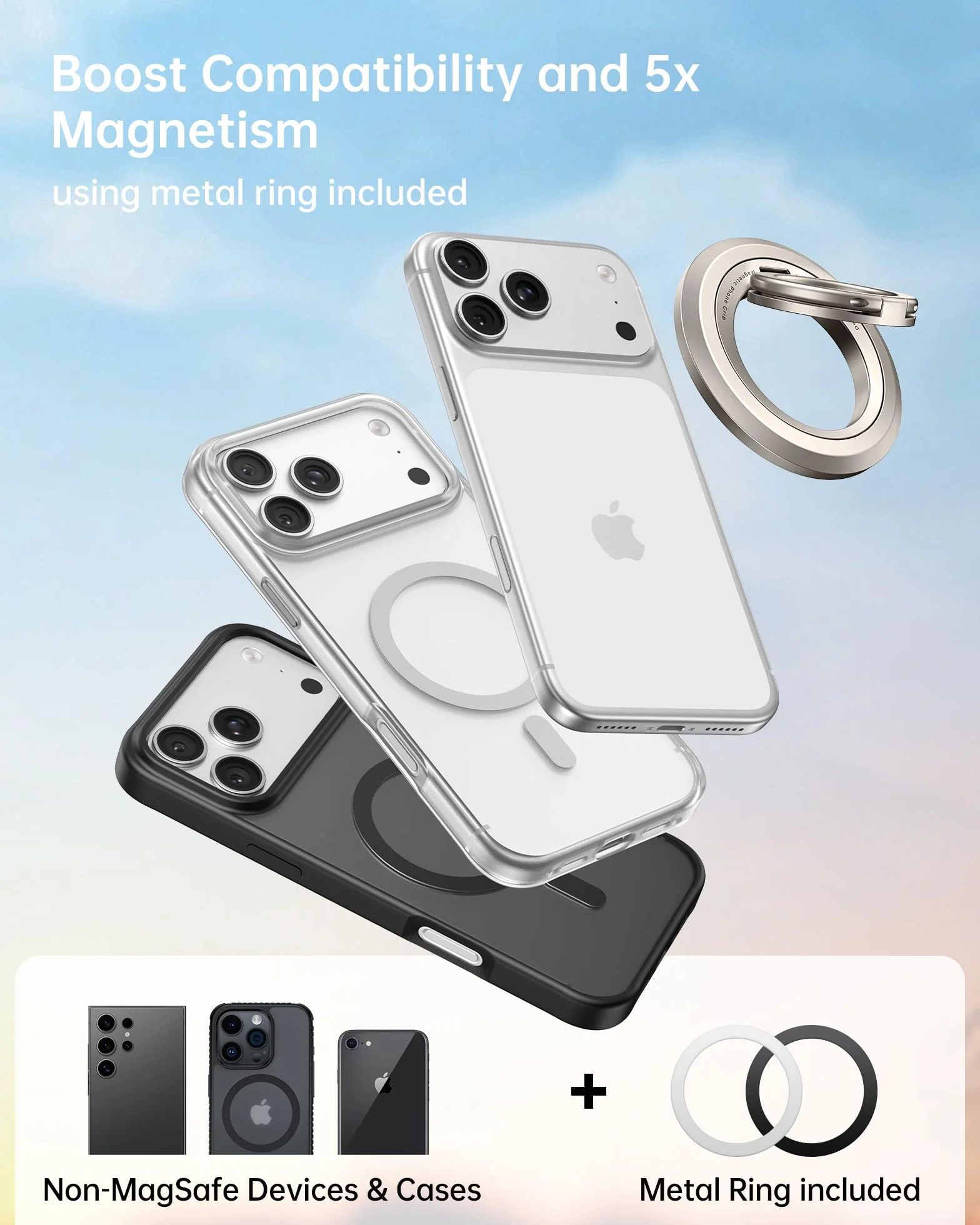 SYNCWIRE Pierścień na telefon MagSafe, obrót o 360°, dwustronny magnes, kompatybilny z iPhone 17 16 15 14 13 12 Pro Max MagSafe, Android, Samsung itp.