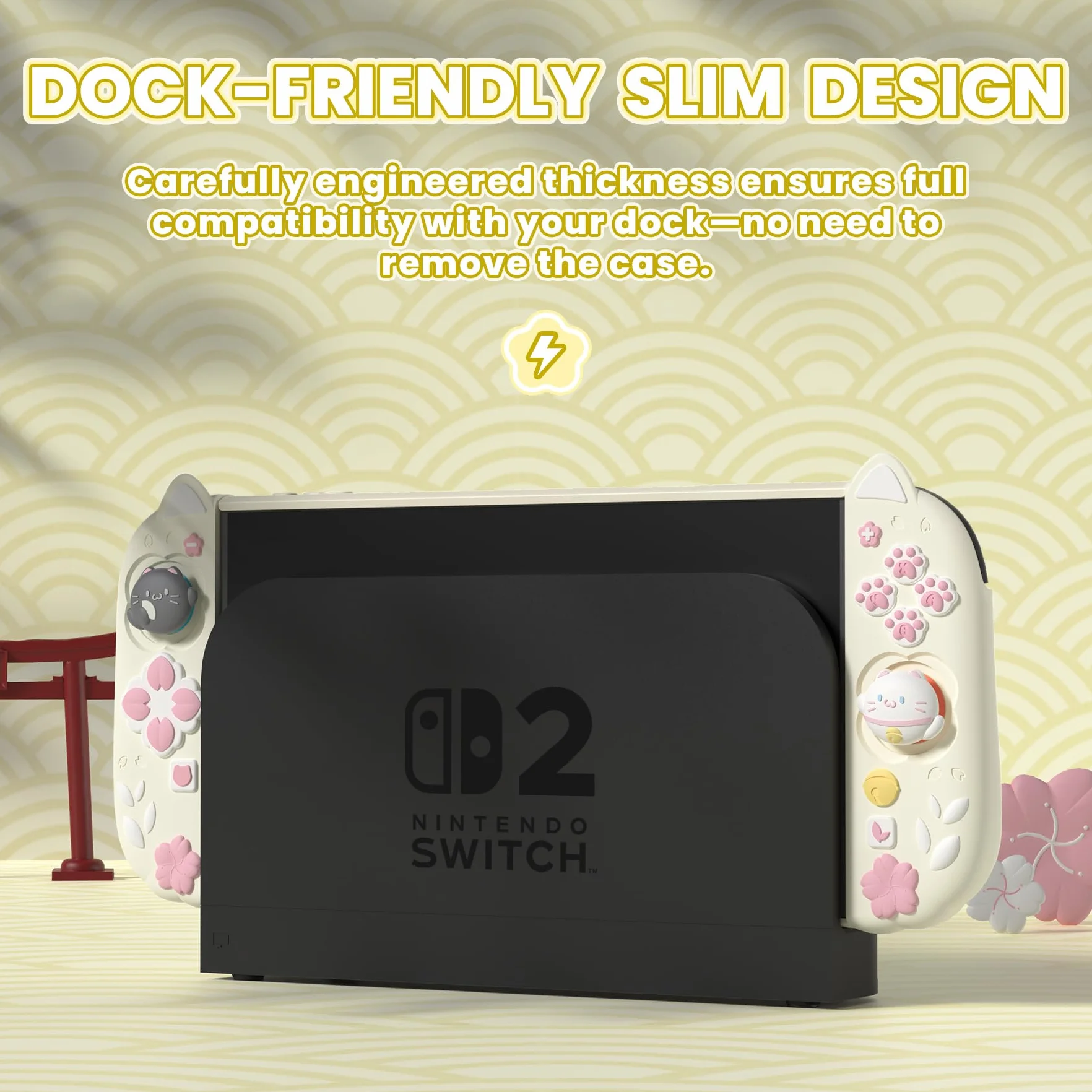 PlayVital Etui Ochronne do Switch 2 z Silikonowymi Uchwytami Joycon, Nakładkami Joysticki i Podstawką, Dockowalne, Żółty Antyczny Motyw Kociątko i Kwiaty Wiśni