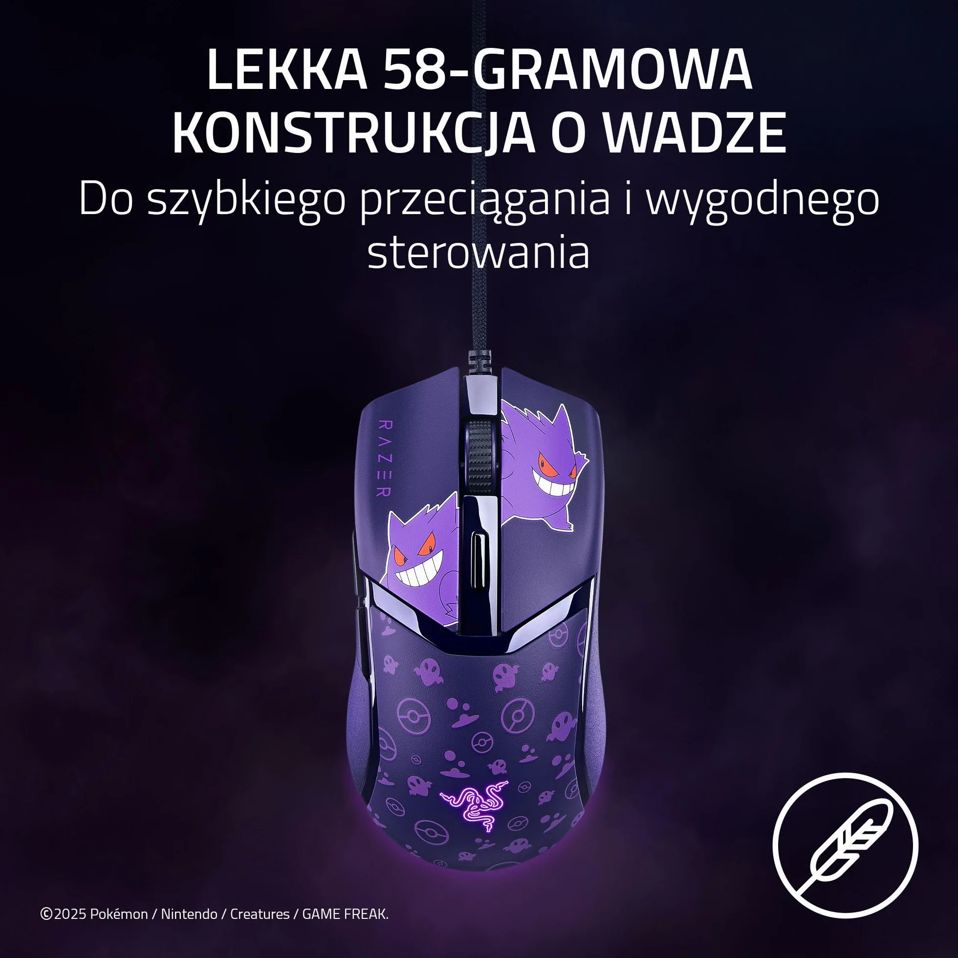 Razer Cobra Gengar Edition Przewodowa Mysz Do Gier 8500 DPI 58 g Przełączniki Optyczne Podświetlenie Chroma Kabel Speedflex PC/MAC Pokémon