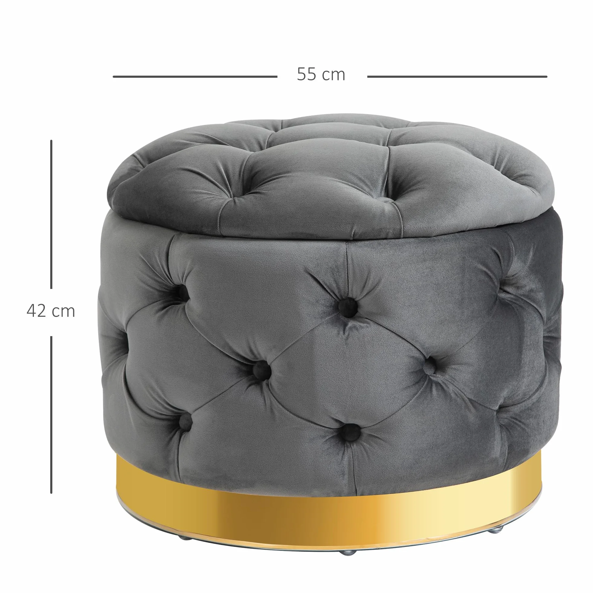 HOMCOM Vintage Hocker, Sitzhocker mit Stauraum, Polsterhocker, Stoff, Metall, Schaumstoff, Pappelholz, Kohlegrau, 55 x 55 x 42 cm