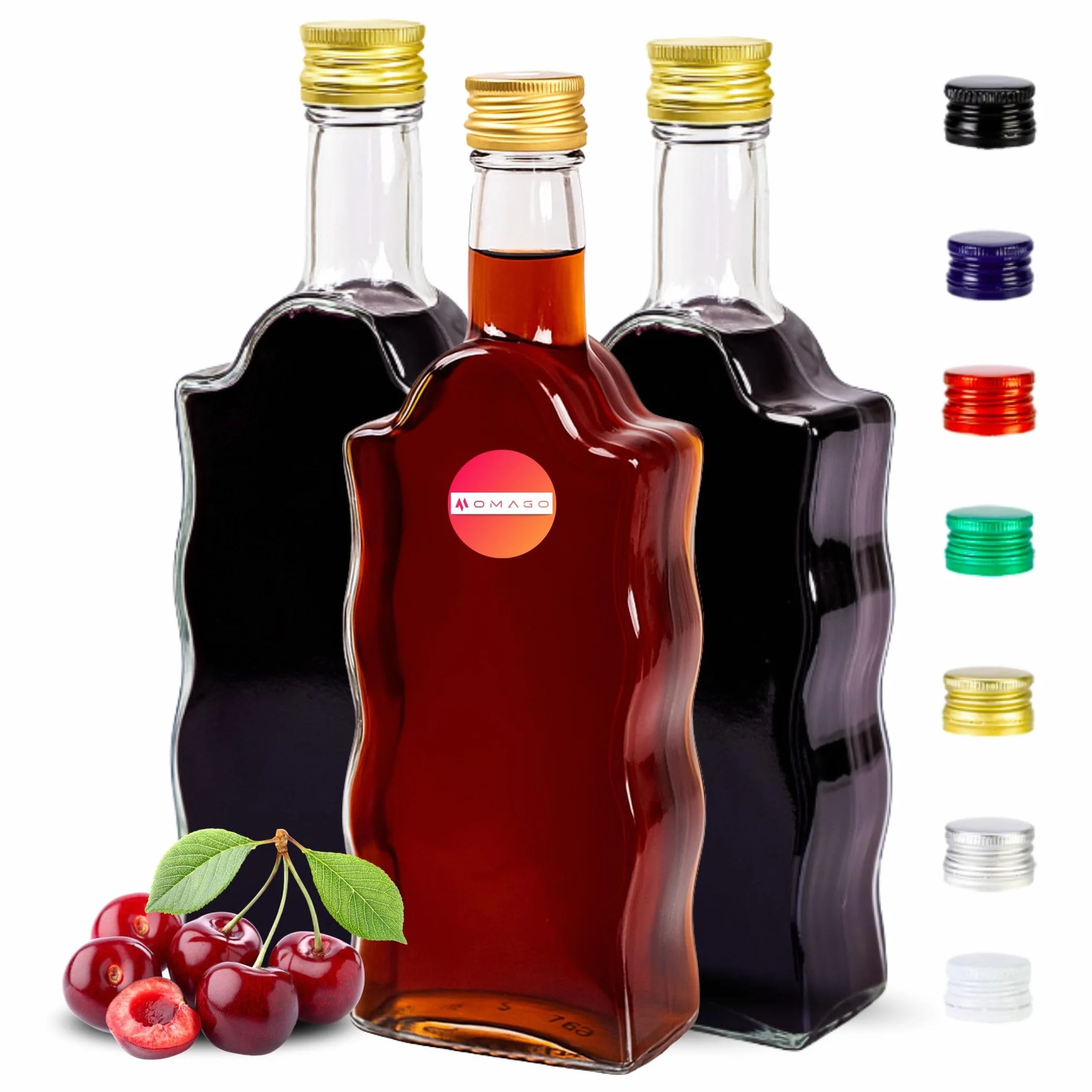 OMAGO® Zestaw 5 sztuk butelek, szklane butelki na soki, nalewki, wino, sznklane opakowanie z zakrętką, 5x, butelki, 0,5L, wysoka jakość