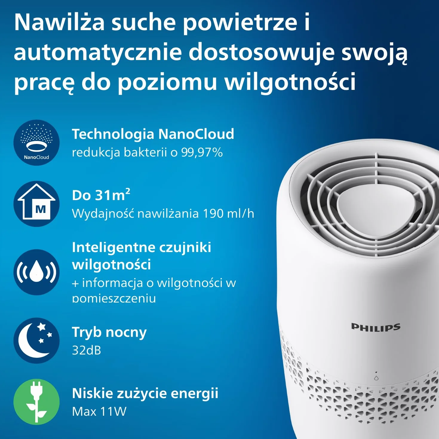 Philips Nawilżacz Ewaporacyjny Serii 2000 2L 190ml/h 31m² 32dB Biały HU2510/10