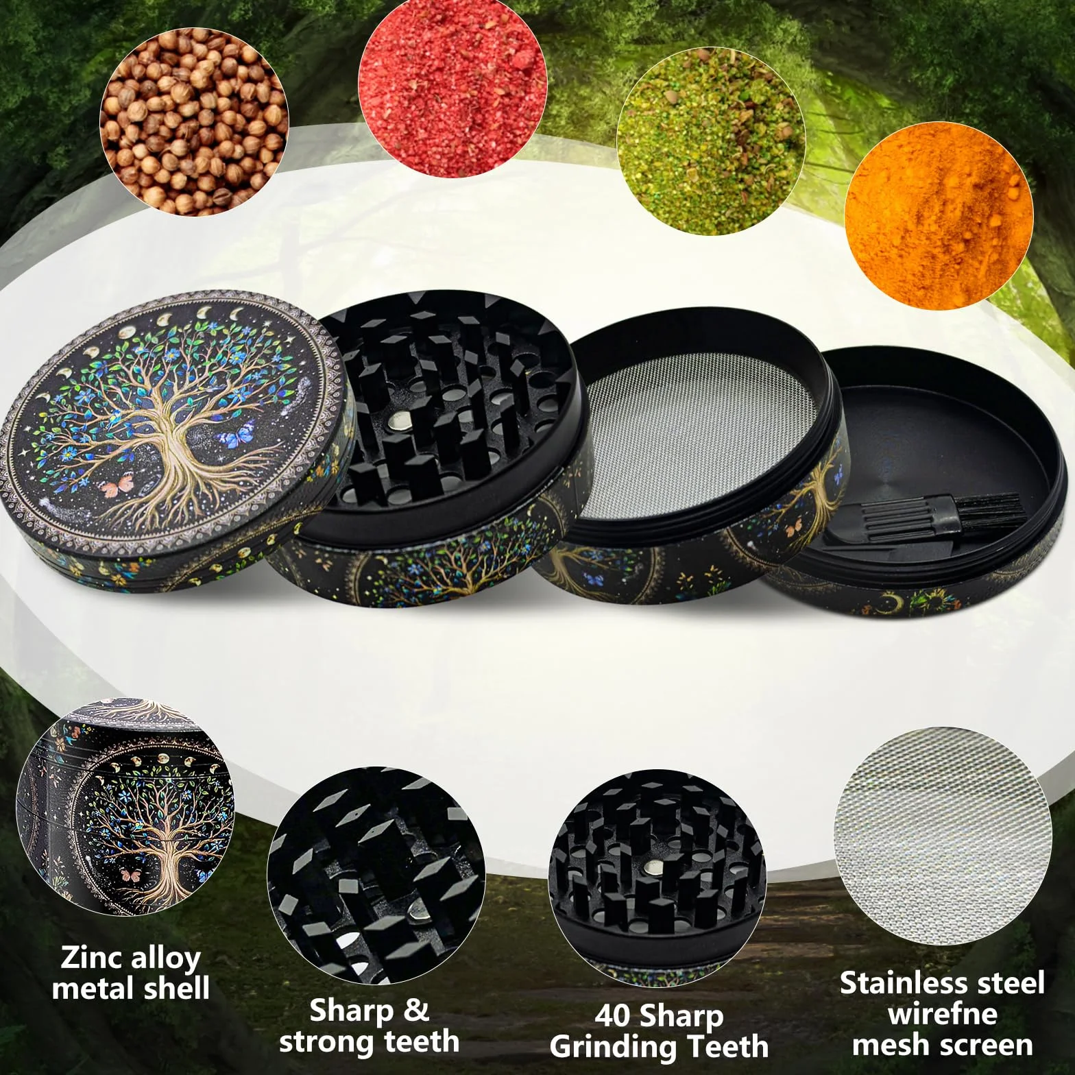 Młynek do przypraw o średnicy 63 mm, ze skrobakiem i plastikową szczotką, 4-warstwowy wzór drzewa, młynek do pyłków, metal, 4-częściowy zestaw do przypraw