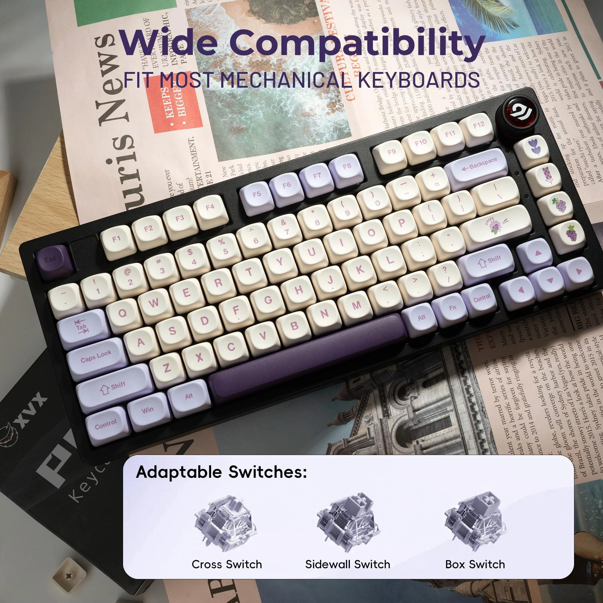 XVX MOA Profile Purple Grape Theme PBT Dye-Sub Keycaps, Custom Keycap Set for Mechanical Keyboards (Compatible with Cherry MX Switches, Purple & White Design)