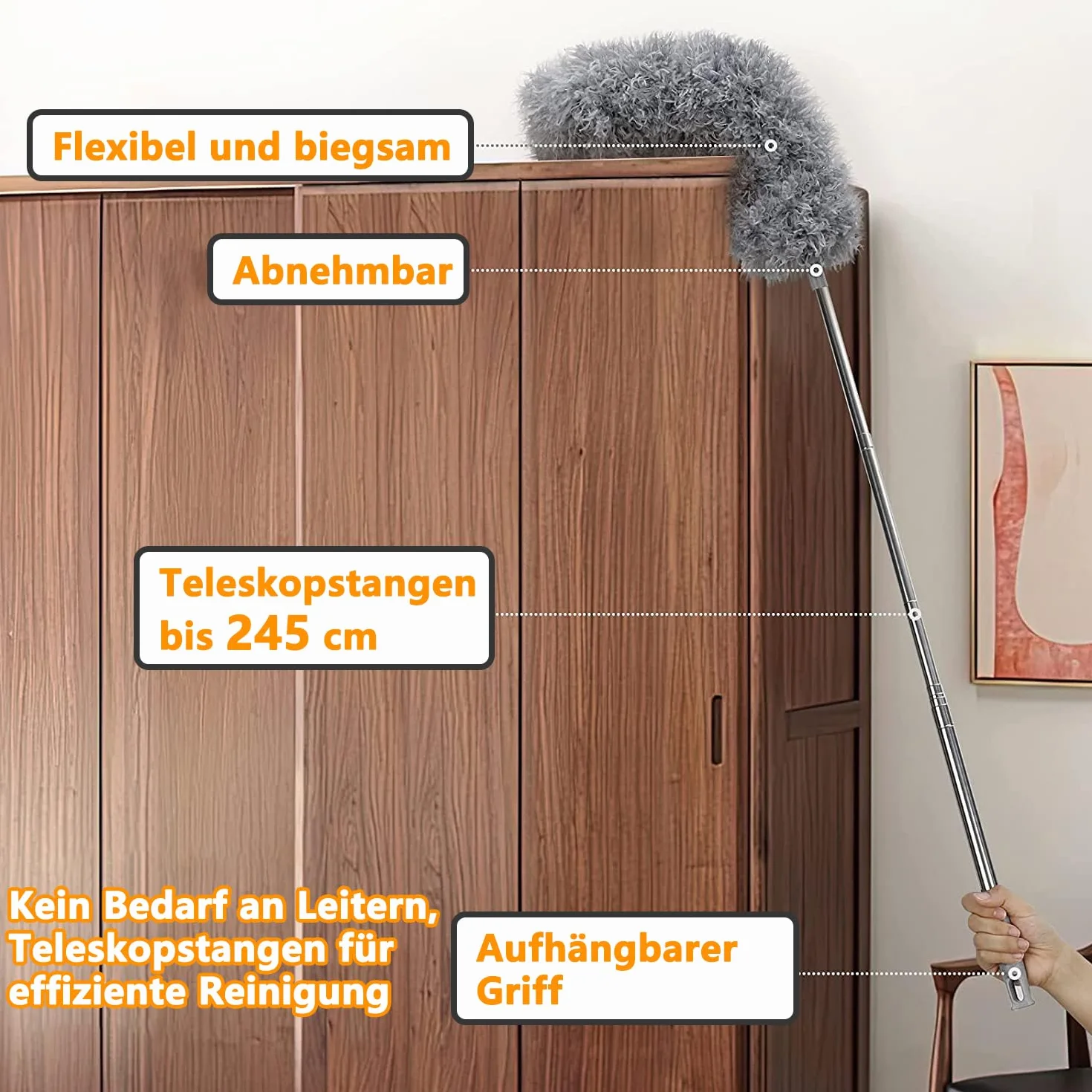 Teleskopowa miotełka do kurzu, nadaje się do prania, drążek do odkurzacza i giętka miotła narożna, z mikrofibry, ze stali nierdzewnej, z drążkiem teleskopowym, długa wysuwana do 240 cm