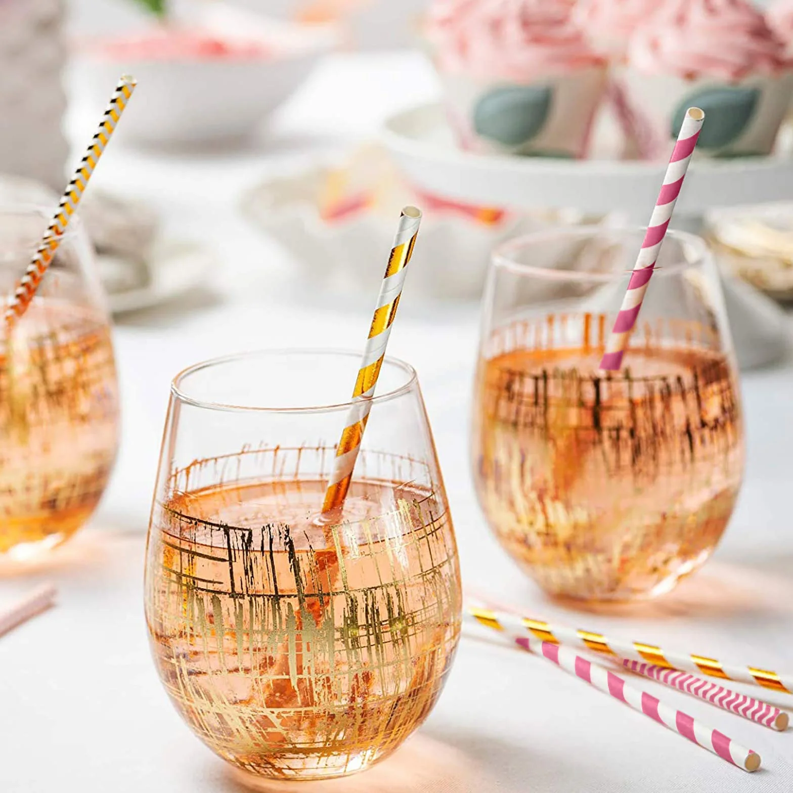 Comfy Package [200 Stück] Party-Trinkhalme aus Papier - 100% biologisch abbaubar - Verschiedene Muster - Rosa & Roségoldfarben