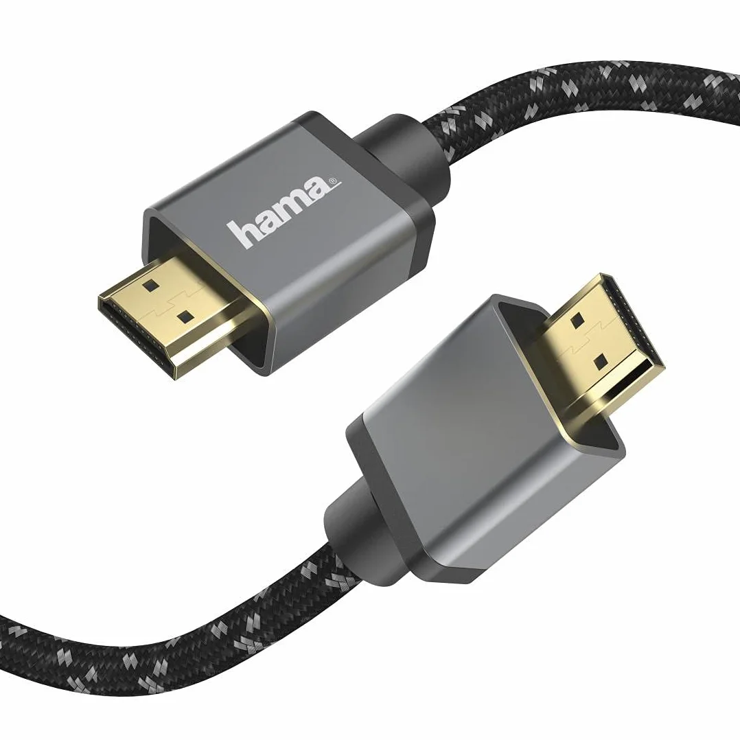 Hama Kabel HDMI 2.1 Premium High Speed (8K, 48 Gbit/s, pozłacany, podwójnie ekranizowany, ochrona kabla, 2m) czarny/szary