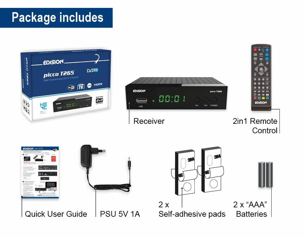 Dekoder dvb-t2 hevc EDISION PICCO T265 naziemnej Odbiornik, DVB-T2 H.265, FTA, Full HD, PVR, USB, HDMI, SCART, S/PDIF, IR, Obsługa USB WiFi, Uniwersalny pilot 2w1
