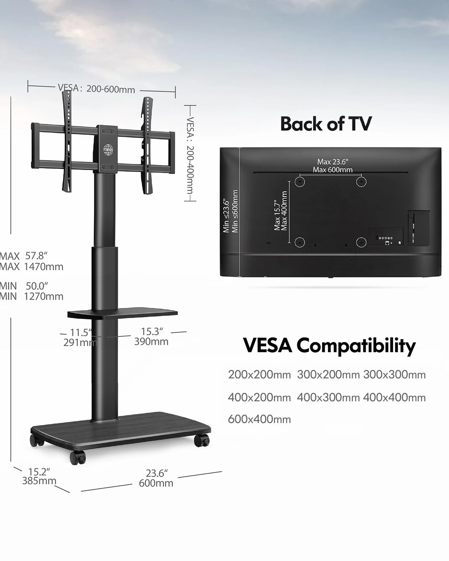 FITUEYES Mobilny stojak na telewizor na kółkach z drewnianą podstawą, do telewizora 32–70 cali, obrót o 60° i 6 wysokości, wysoki stojak na telewizor z półką, maks. VESA 600 x 400 mm, nośność 40 kg