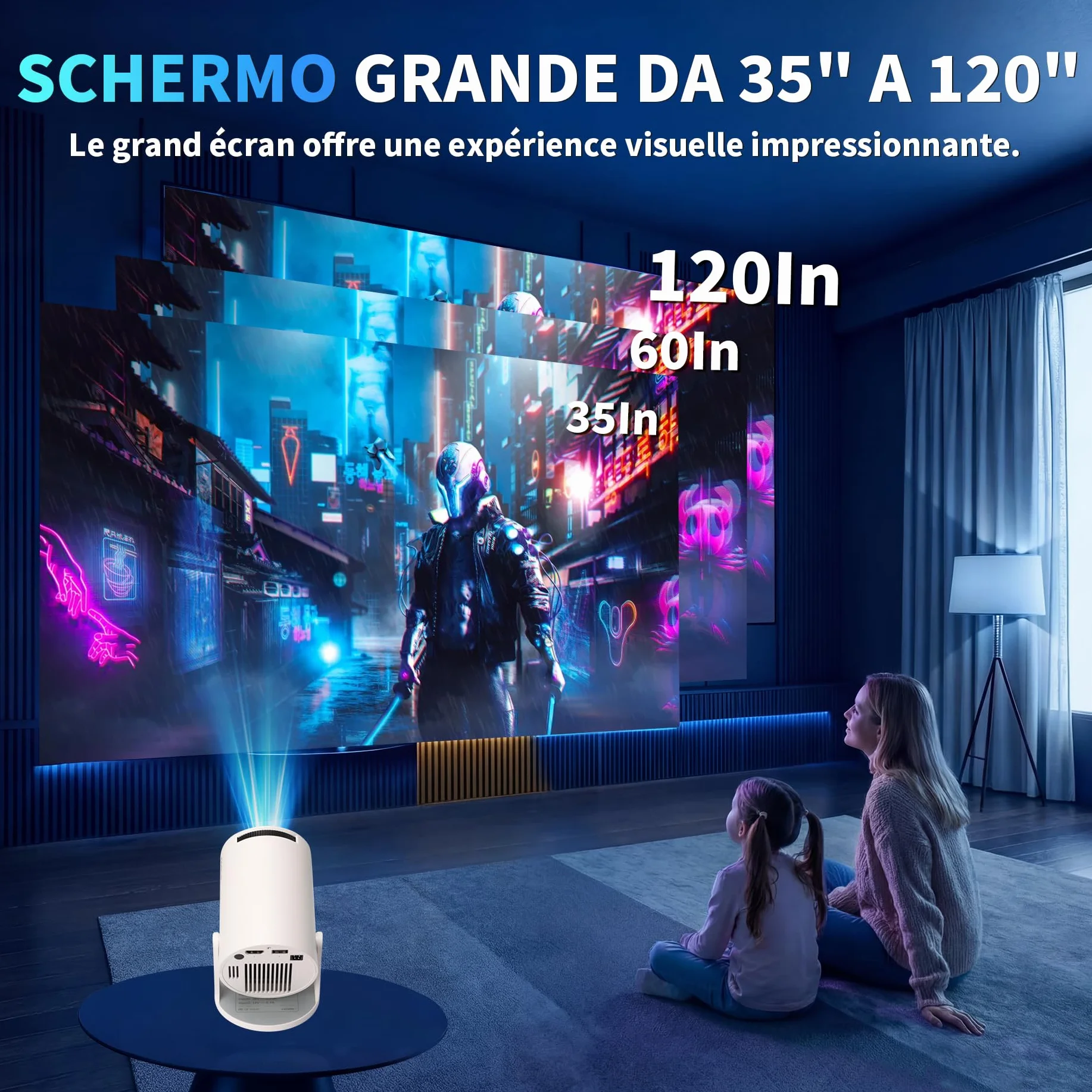 Mini projektor wideo 1080P z WiFi 6 BT 5.4, przenośny projektor 4K z telewizorem Android TV, obsługiwany projektor wideo do automatycznej korekcji trapezowej, obrót o 270°, z myszą, biały