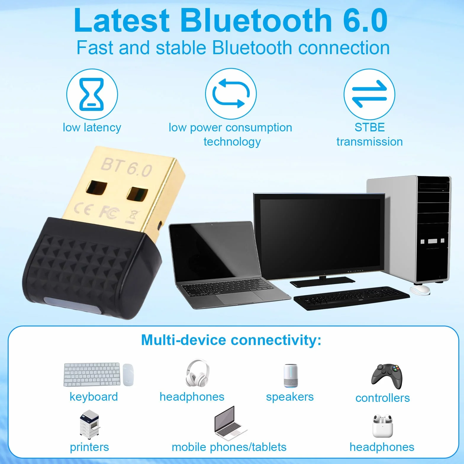 Adapter USB Bluetooth 6.0, Bezprzewodowy Klucz Sprzętowy Bluetooth Plug and Play dla Systemów Windows 11/10/8.1 Obsługuje Połączenie Wielu Urządzeń ze Słuchawkami Klawiaturą Komputerem i Telefonami