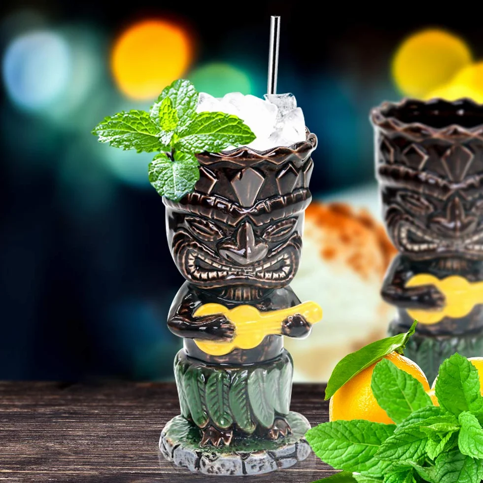 SuproBarware Tiki TJB02 TJB02 zestaw 4 ceramicznych kubków na imprezę hawajską, duże naczynia do picia, na koktajle, tropikalne kubki, napoje na egzotyczne przyjęcie, 4 szt