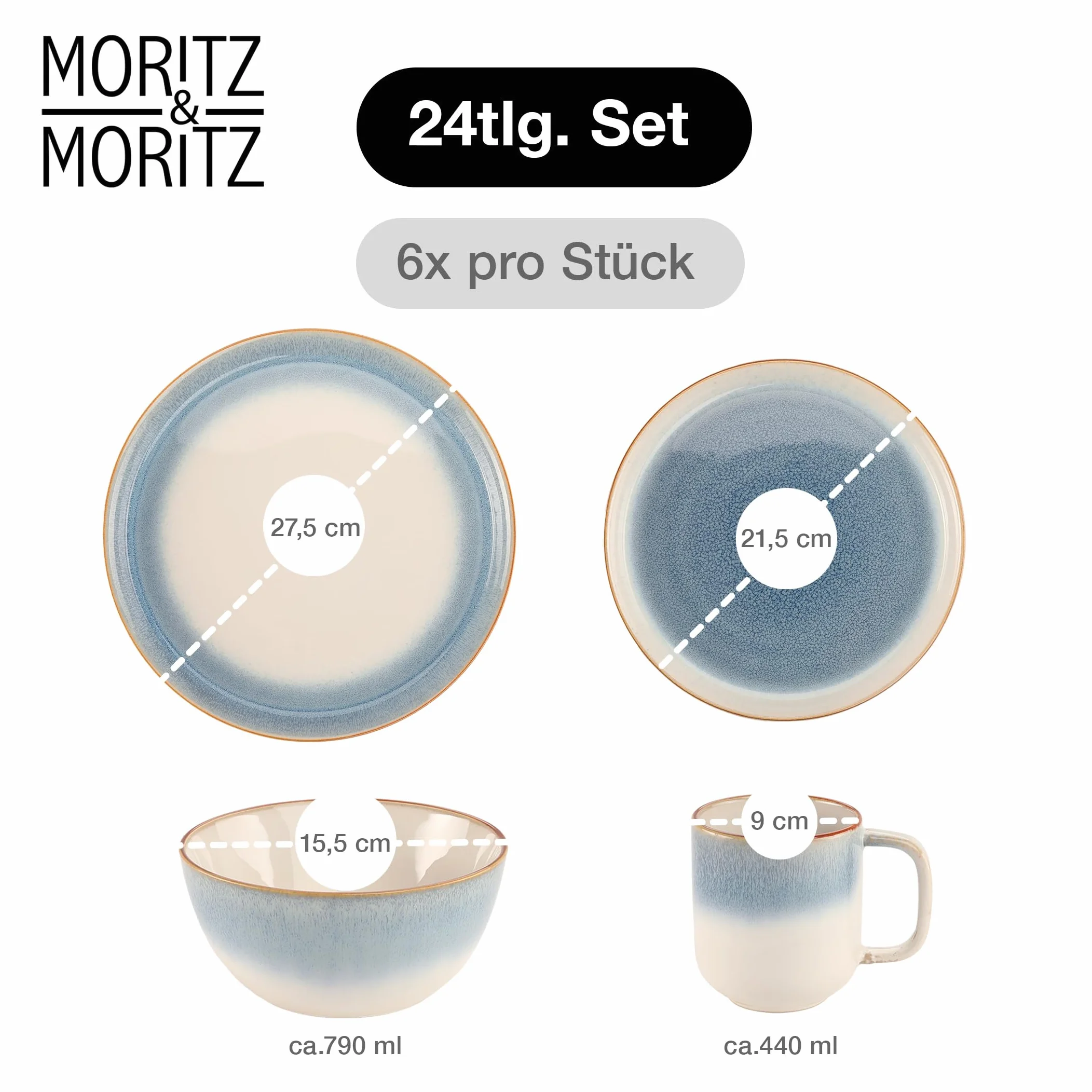 Moritz & Moritz TARENTO 24-częściowy zestaw naczyń dla 6 osób, niebieski – elegancki zestaw talerzy z wysokiej jakości kamionki – zestaw naczyń składający się z 6 talerzy obiadowych, 6 talerzy