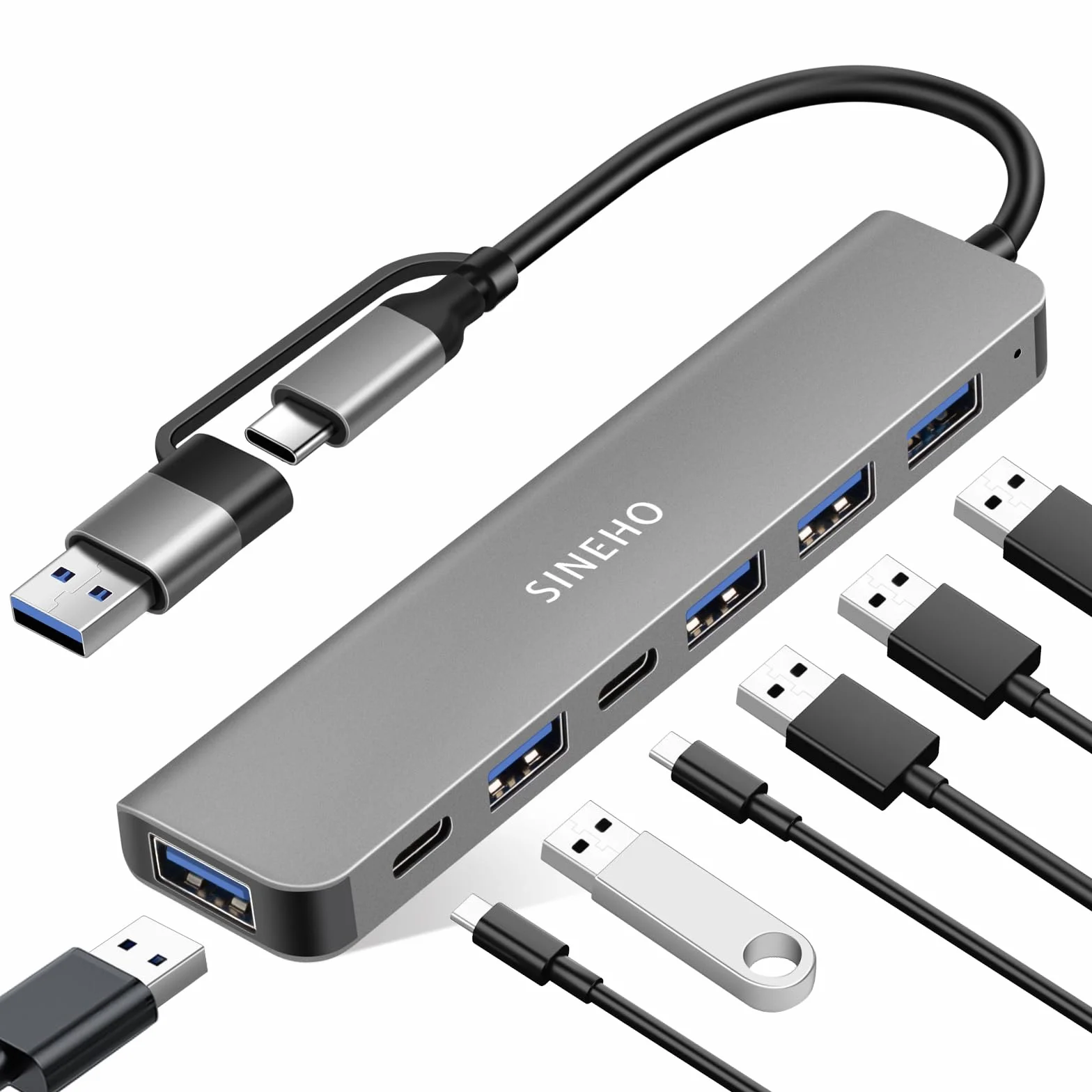 Podwójny Hub USB 7w1 (Wejście USB-C i USB-A), Adapter USB C z USB 3.0, 4xUSB 2.0, Podwójne Porty Danych USB-C dla Laptopów, PC